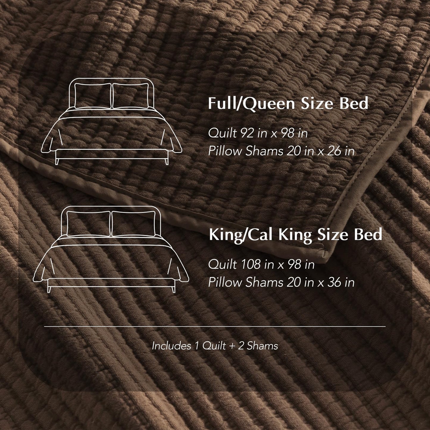 EVERGRACEHOME Cotton Coverlet Set King Size 3 Pieces, Lightweight Soft Ribbed Matelassé Bedspread Quilt Set, Cozy Oversized Quilted Bedding Set with 2 Pillow Shams for All Seasons, Sienna Brown