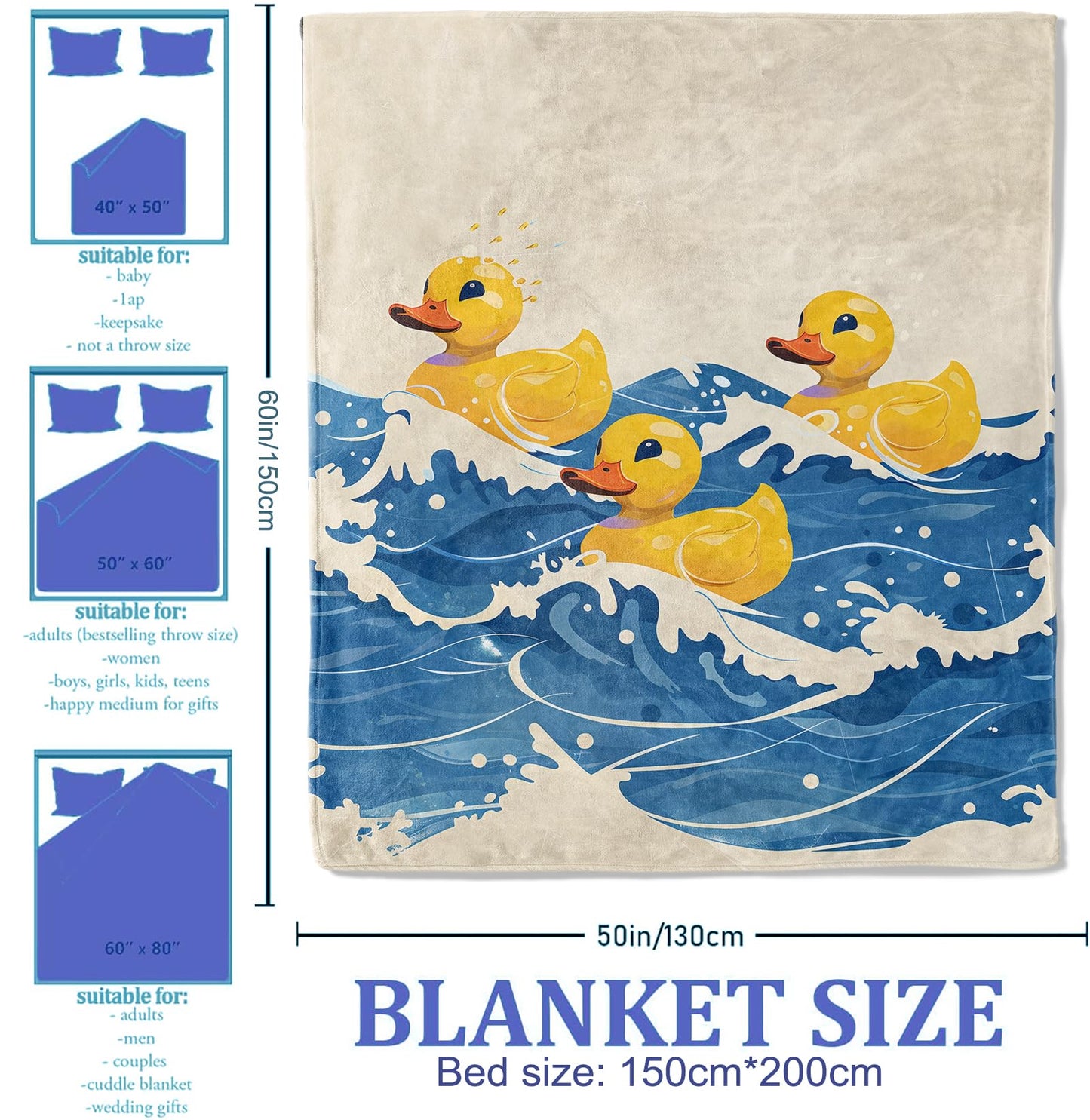Plistiz Cute Rubber Duck Throw Blanket for Women Girls Boys, Soft Flannel Blankets Gifts for Living Room Couch, Home, Sofa Decor, 50"x60"