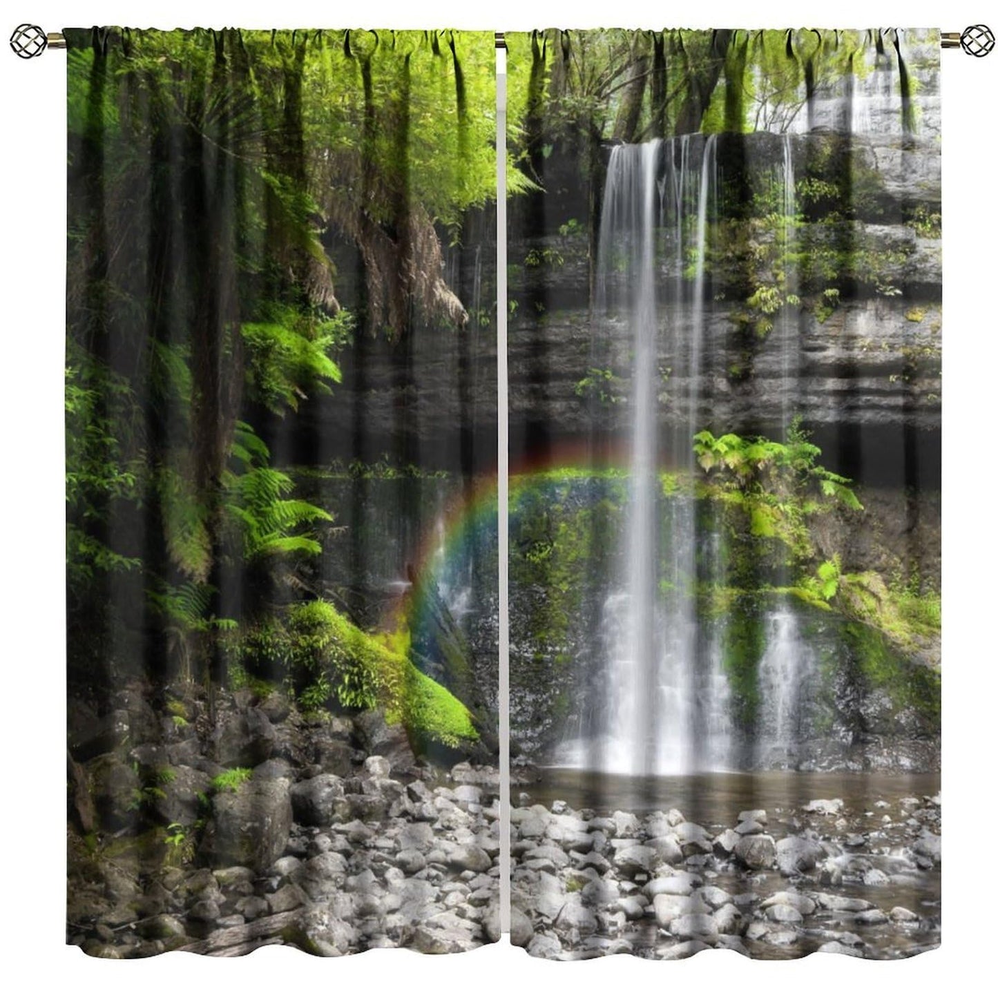 Natural Landscape Waterfall Blackout Curtains, Forest Falls Spring Natural Scenery Green Plant Tree Leaf Rod Pocket Window Drapes, for Bedroom Living Room 42" W X 45" L