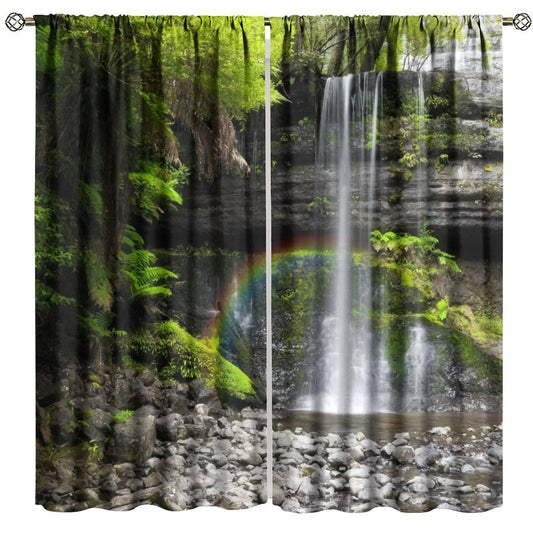 Natural Landscape Waterfall Blackout Curtains, Forest Falls Spring Natural Scenery Green Plant Tree Leaf Rod Pocket Window Drapes, for Bedroom Living Room 42" W X 45" L