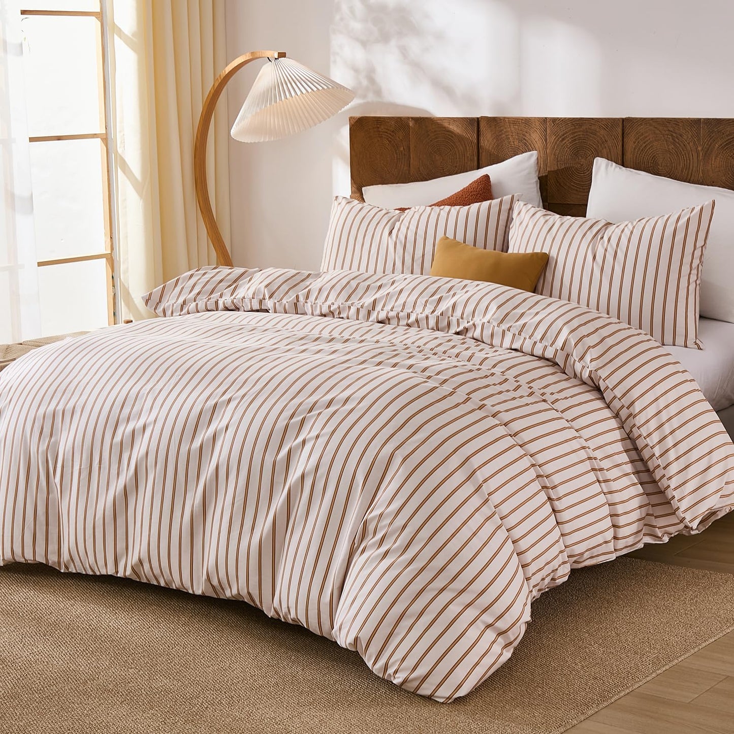 Merryword 100% Cotton Comforter Set King Size - Beige and Terracotta Striped Comforter with 2 Pillowcases, Luxury & Silky Soft Comforter Set for All Seasons