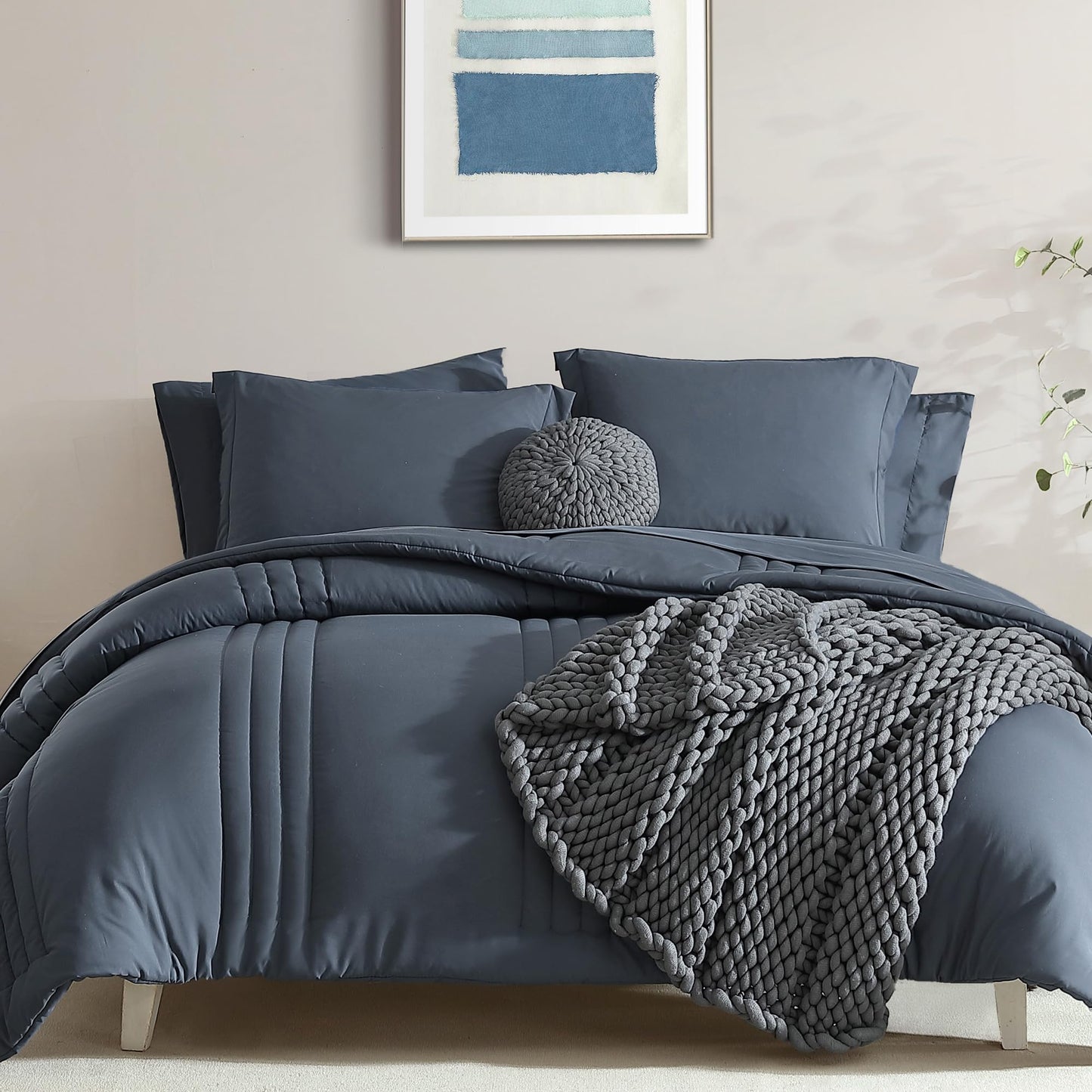 Monbix Queen Comforter Set - 7 Pieces Blue Gray Bed in a Bag Queen Bedding Sets with Comforters, All Seasons Comforter Bed Set with Sheets,Pillowcases & Shams