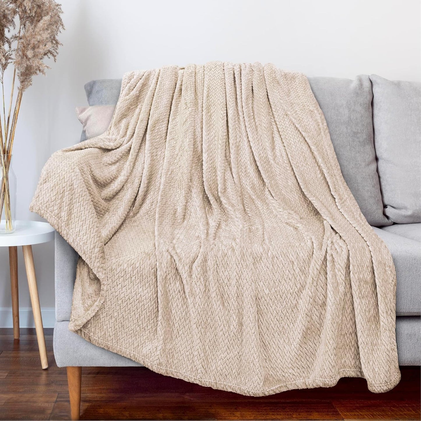 Waffle Knit Textured Throw Blanket Soft for Couch, Sofa, Twin Bed, Kids, Adults, 50” x 60” Chenille Knit Blanket, Boho Throw Blanket for Home Decor 250 GSM (Creamy White)