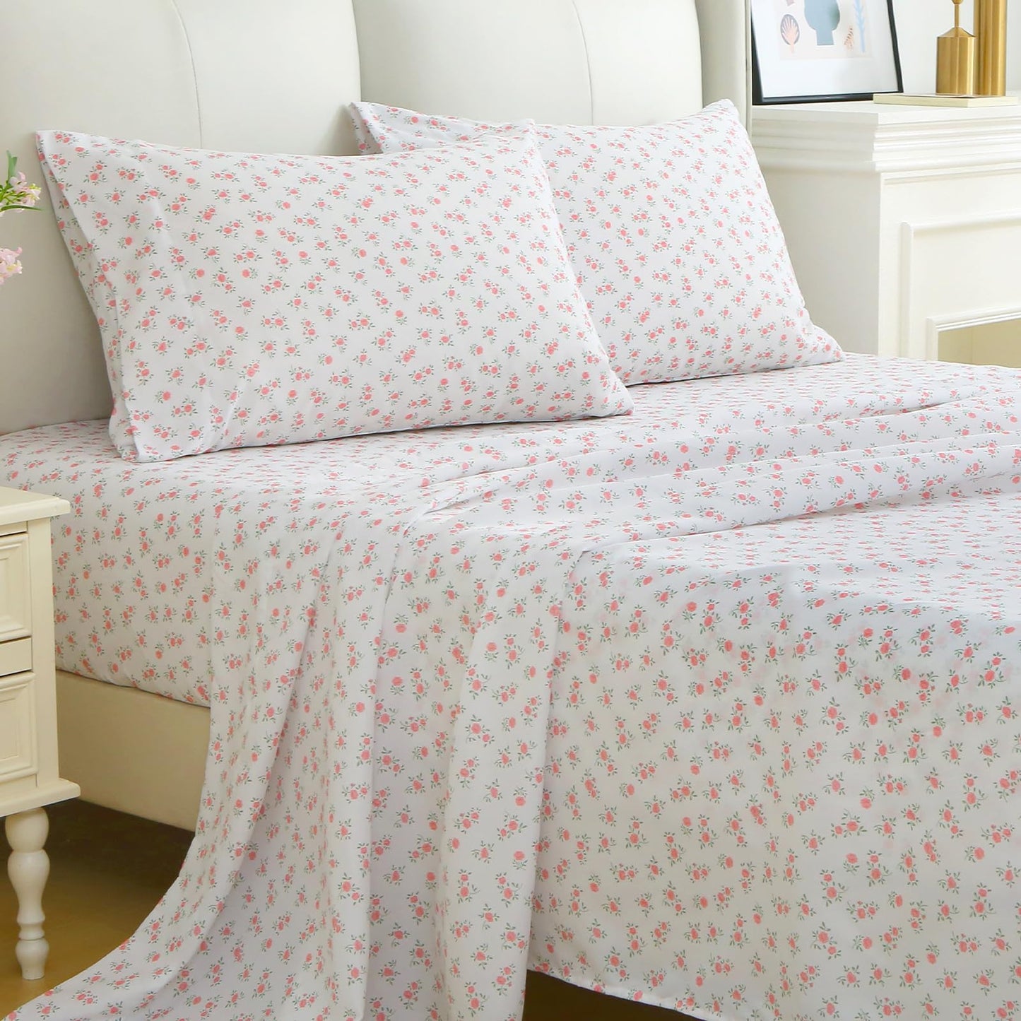 MUXHOMO Full Size 4 Piece Sheet Set, Soft Breathable Bed Sheet Set for Bedroom with Deep Pocket Up to 16", Wrinkle-Free & Cooling Bedding for Oeko-TEX Certified - Floral Pink