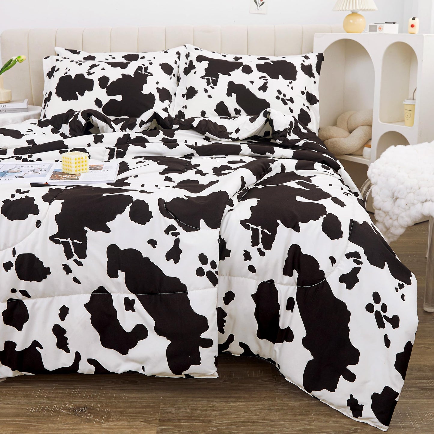 Viviland Kids Full Bedding Sets for Girls, Boys Soft Full Comforter Set with Sheets, 7 Pieces Microfiber Bed in a Bag, Cow Animal