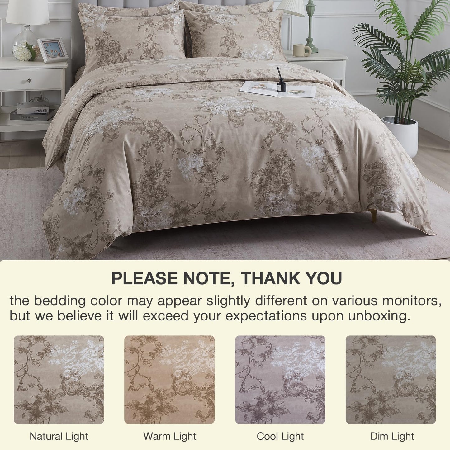 Puralens Dark Beige Moody Floral Duvet Cover, King 100% Cotton Percale Neutral Flower Comforter Cover Set, Shabby Chic Cottage Reversible Toile Bed Cover Set with Ties, Farmhouse Zipper Bedding, 3Pcs
