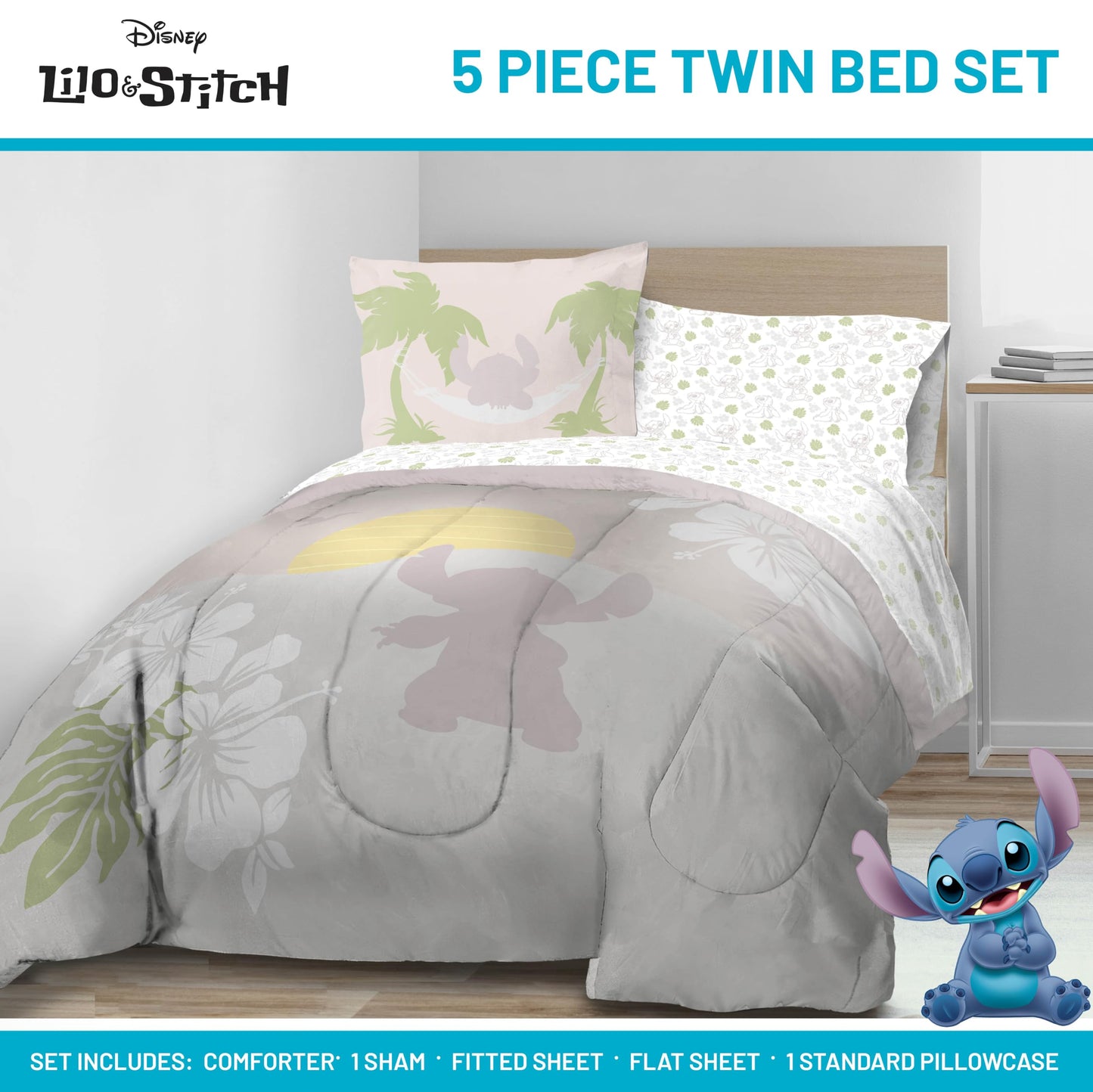 Jay Franco Disney Lilo and Stitch Twin Size Comforter Set - 5 Piece Bedding Includes Sheet Set & Pillow Covers - Super Soft Cozy Bedding