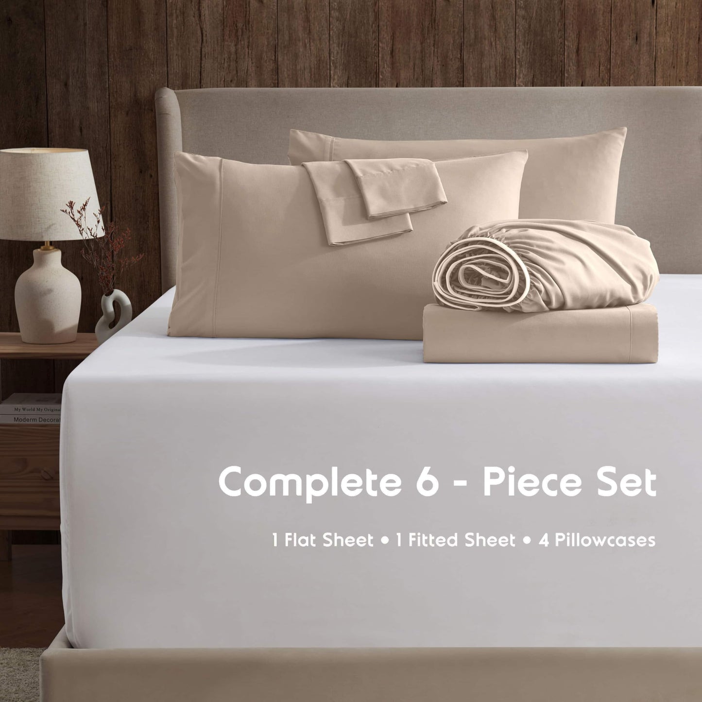 Nestl Extra Deep Queen Sheet Set - 6 Piece Breathable & Cooling Sheets - Hotel Luxury Bedding Set w/18-24 Inch Deep Pockets - Easy & Secure Fit - Super Soft, Wrinkle Free & Comfy - Taupe Sand
