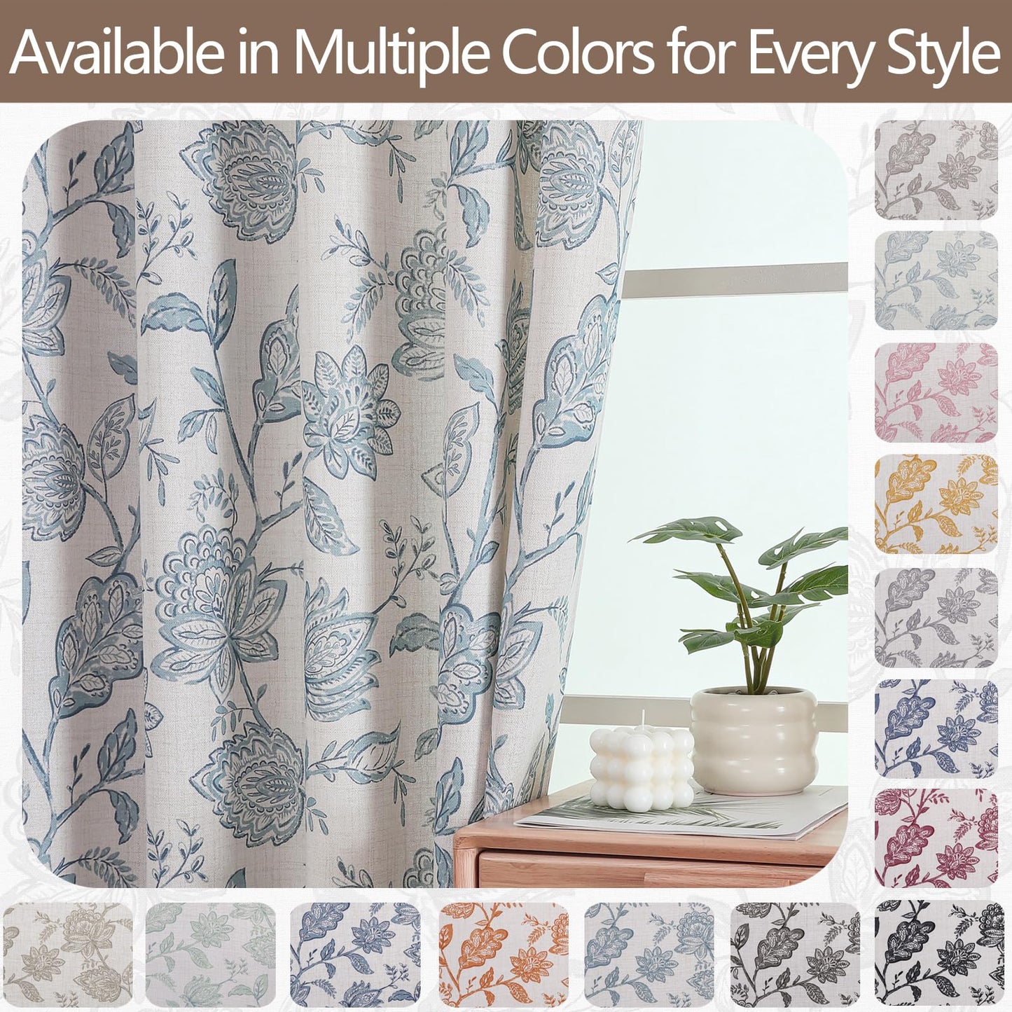 Ebesto Floral Curtains 63 Inch Length - Light Filtering Faux Linen Flower Printed Window Curtains for Bedroom, Rod Pocket No-See Through Privacy Drapes, 2 Panels, Each 40Wx63L Inches, Dusty Blue