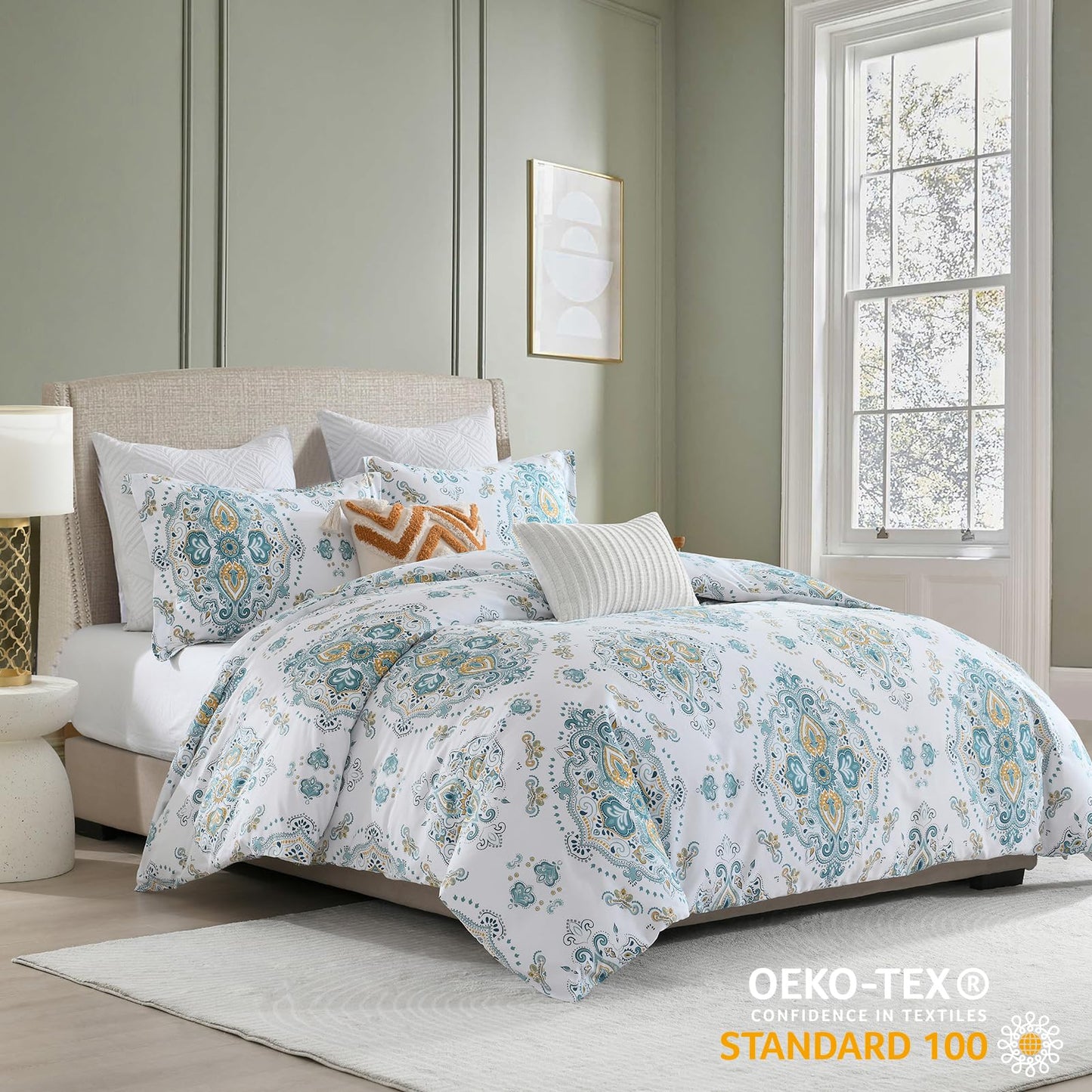 CozyDH Cotton Duvet Cover King Size - 100% Cotton 400TC Blue White Damask Paisley Floral Pattern Duvet Cover Set, Ultra Soft Lightweight Farmhouse Bedding Set 3pcs (King, 104x90, No Comforter)