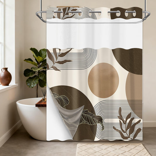 Hookless Shower Curtain with Snap-in Liner, Brown and Beige, 71" W x 74" L