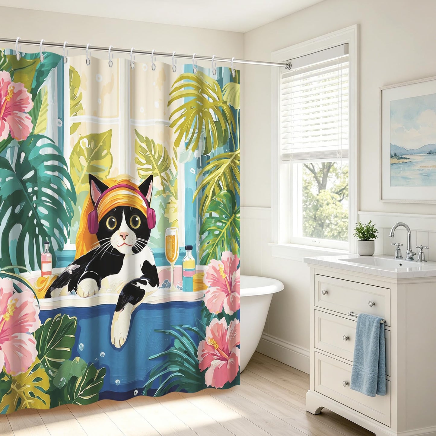 GICDSU Funny Cat Shower Curtain Boho Cute Black Cats Shower Curtain for Bathroom Pink Tropical Matisse Kitten Plam Tree Bath Curtains with Hooks Waterproof Fabric Bathtub 72x72 Inch