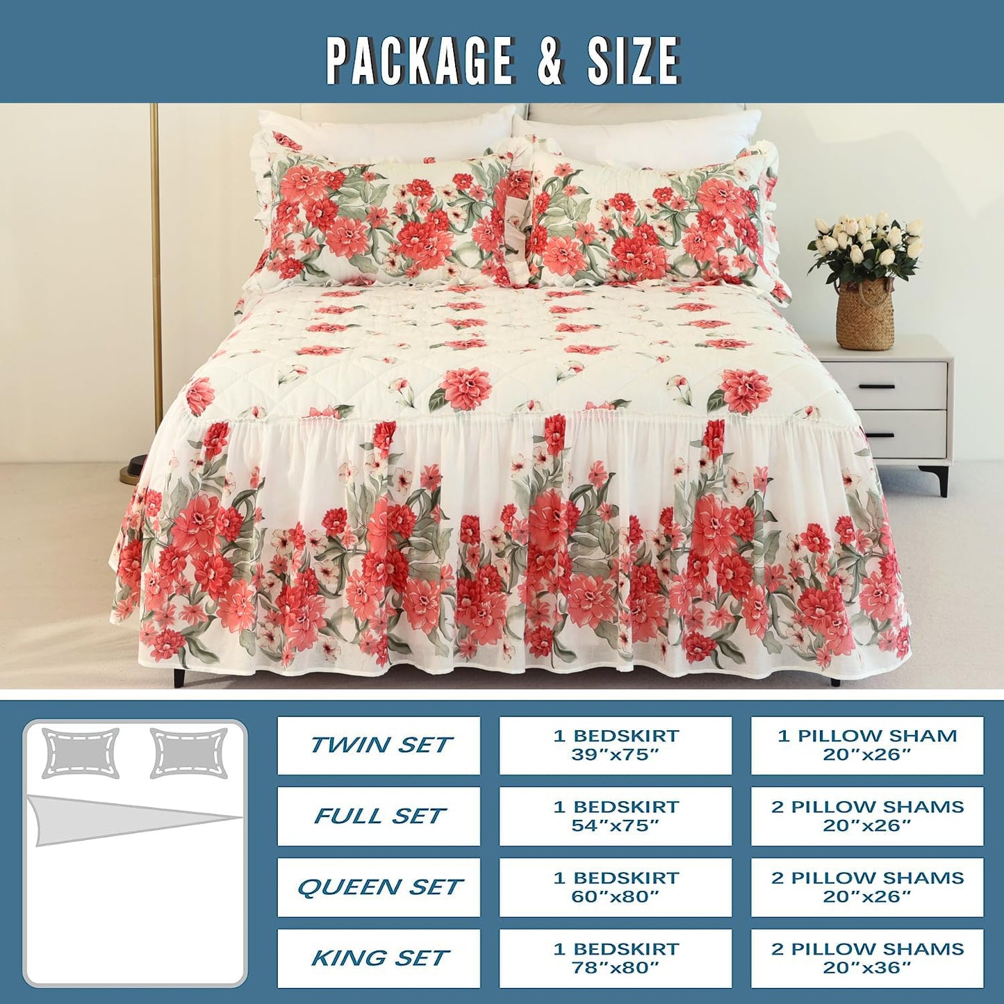 EVENHUG Ruffle Skirt Queen Size Bedspread Set Red Floral 100% Cotton Quilt Bedding Sets with Pillow Shams Lightweight Soft Coverlet Bed Spreads Sets 3 Piece (Queen, 60"x80")