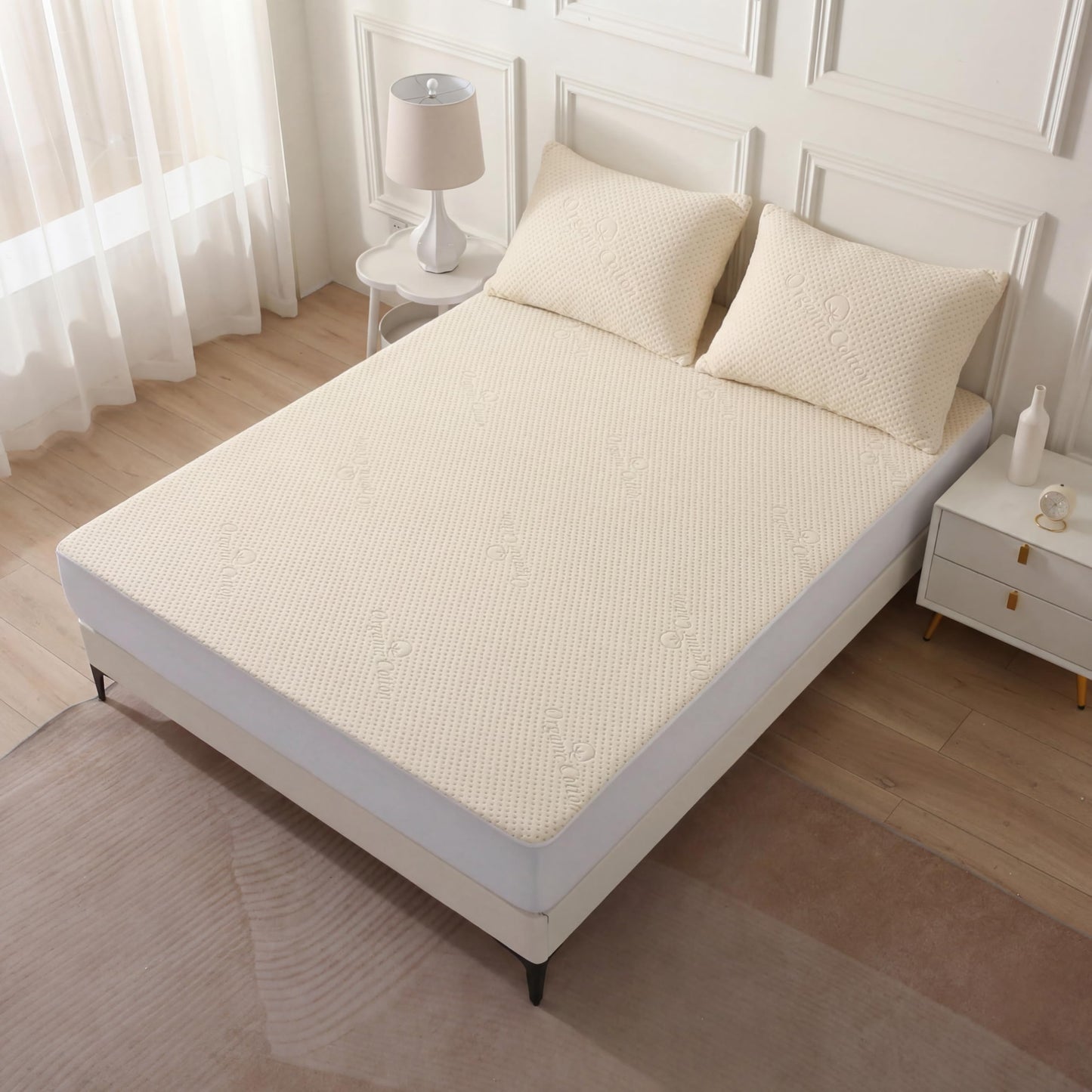 Luxury Waterproof Organic Mattress Protector Queen Size - Organic Cotton Breathable Mattress Pad Cover - Premium 380 GSM 3D Air Fabric - Deep Pocket - Jersey Cotton Skirt - Fitted Design