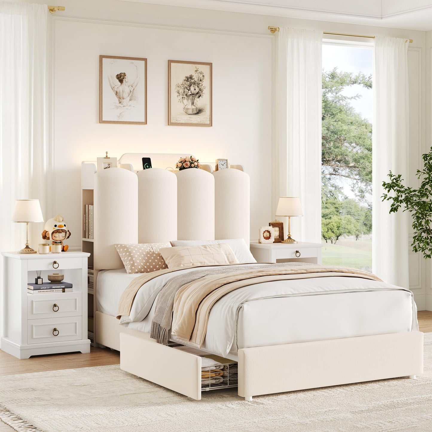 HOSTACK Twin Upholstered Platform Bed Frame with Storage Headboard, Beige