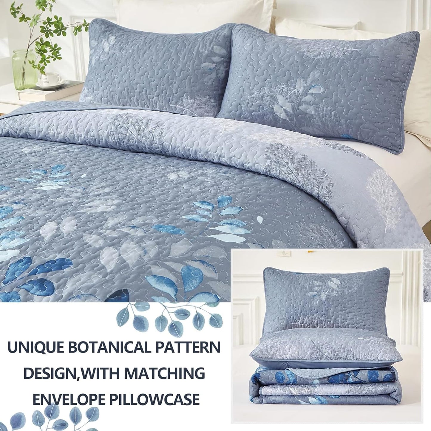 WONGS BEDDING Blue Quilt Set Queen Size,3 Pieces Navy Blue Floral Bedspread Coverlet Set,Soft Microfiber Lightweight Grayish Blue Gradient Floral Bedding Set Queen 96"x90"