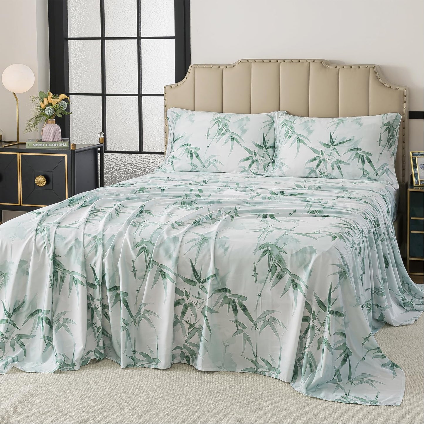 FADFAY Twin Size Sheet Set, 70% Viscose Derived from Bamboo, 30% Cotton 4 Pieces Country Style Green Leaves Print Bedding, Deep Pocket Fitted Sheet