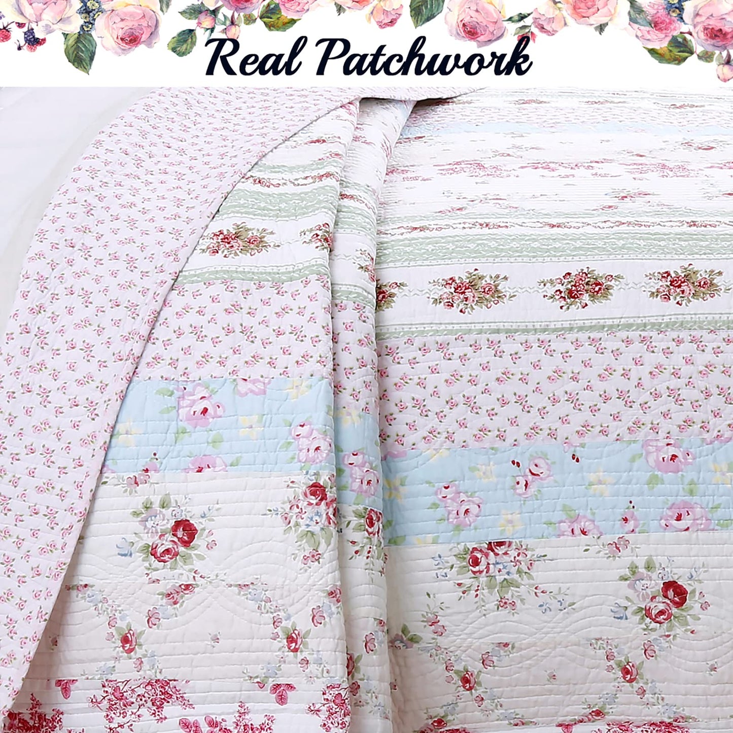 Cozy Line Home Fashions 100% Cotton Real Patchwork Floral Striped Cotton Reversible Quilt Bedding Set, Coverlet, Bedspread (Wild Rose, Queen - 3 Piece)