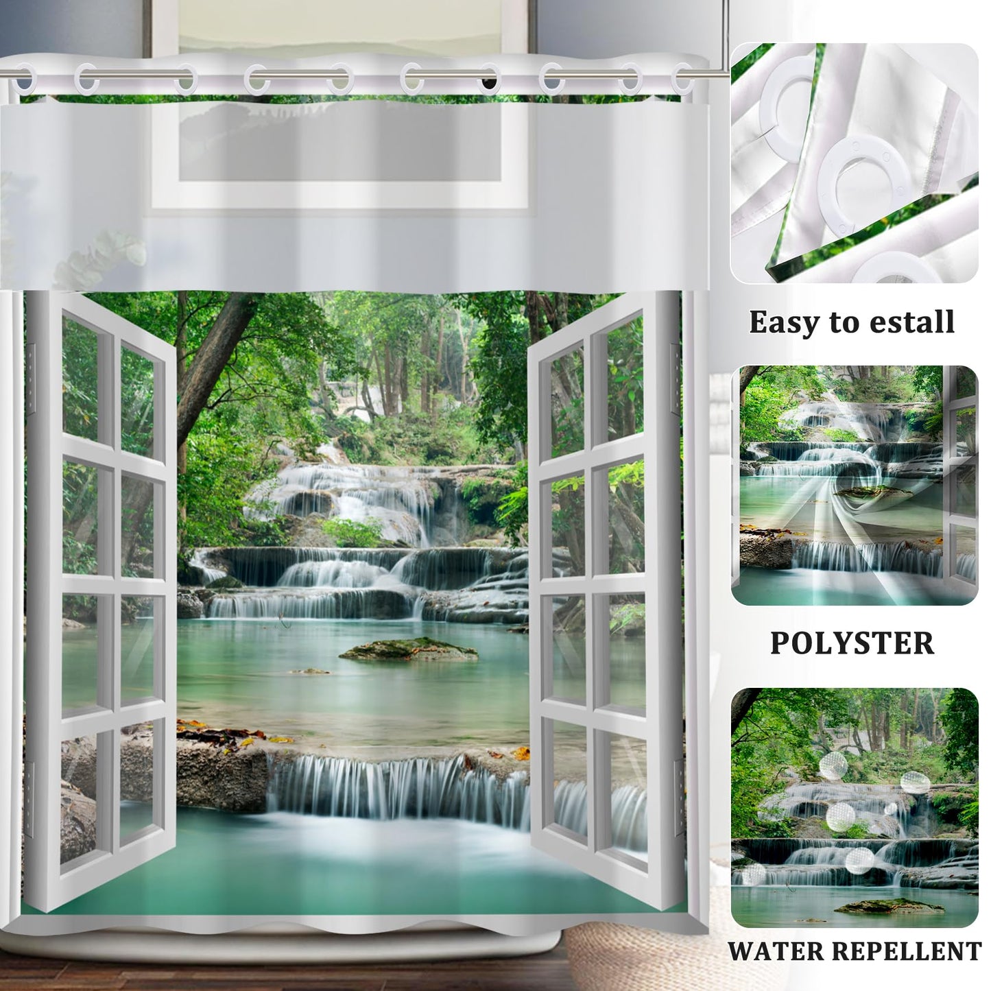 Baocicco No Hook Shower Curtain with Snap in Liner Nature Landscape Summer Forest River Jungle Waterfall Lake Waterproof No Hook Fabric Window Scenery Shower Curtains Set for Bath Bathtub 71x74 Inch