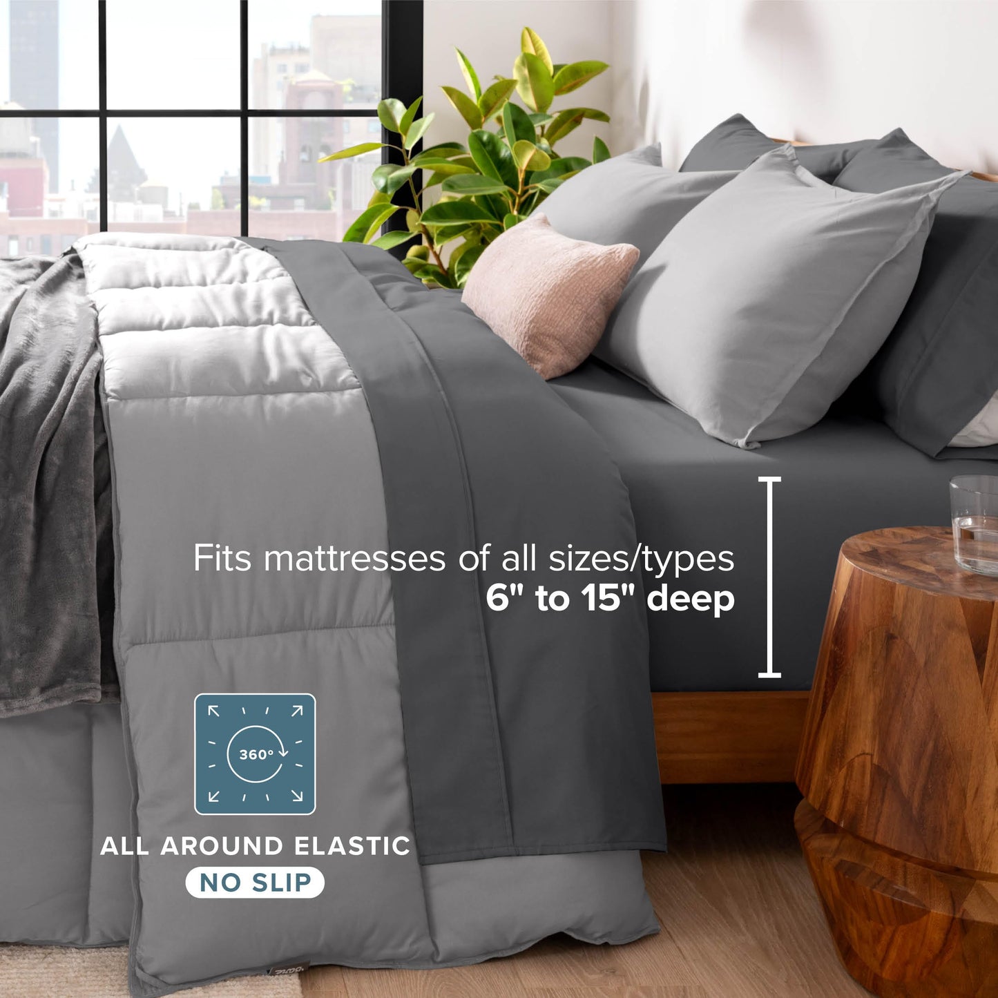Bare Home Bed-in-A-Bag 7 Piece Comforter & Sheet Set - Queen - Goose Down Alternative - Ultra-Soft 1800 Premium - Bedding Set (Queen, Light Grey/Grey)