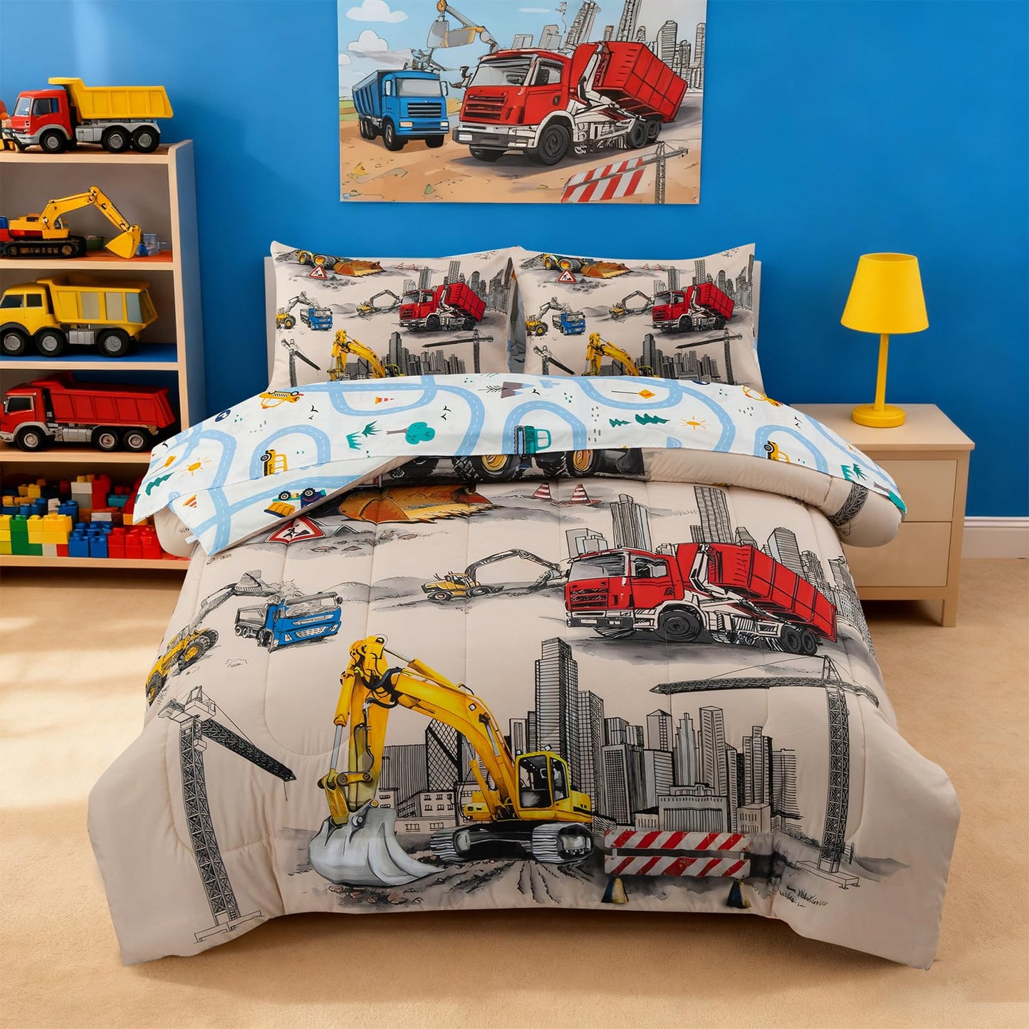 Holawakaka Trucks Tractors Cars Boy Bedding Comforter Set with Sheets, Twin Size Cartoon Construction Car Excavator Print Kids Bed in A Bag 5-Piece, Boys Reversible Dorm Bed Sets (Camel Twin)