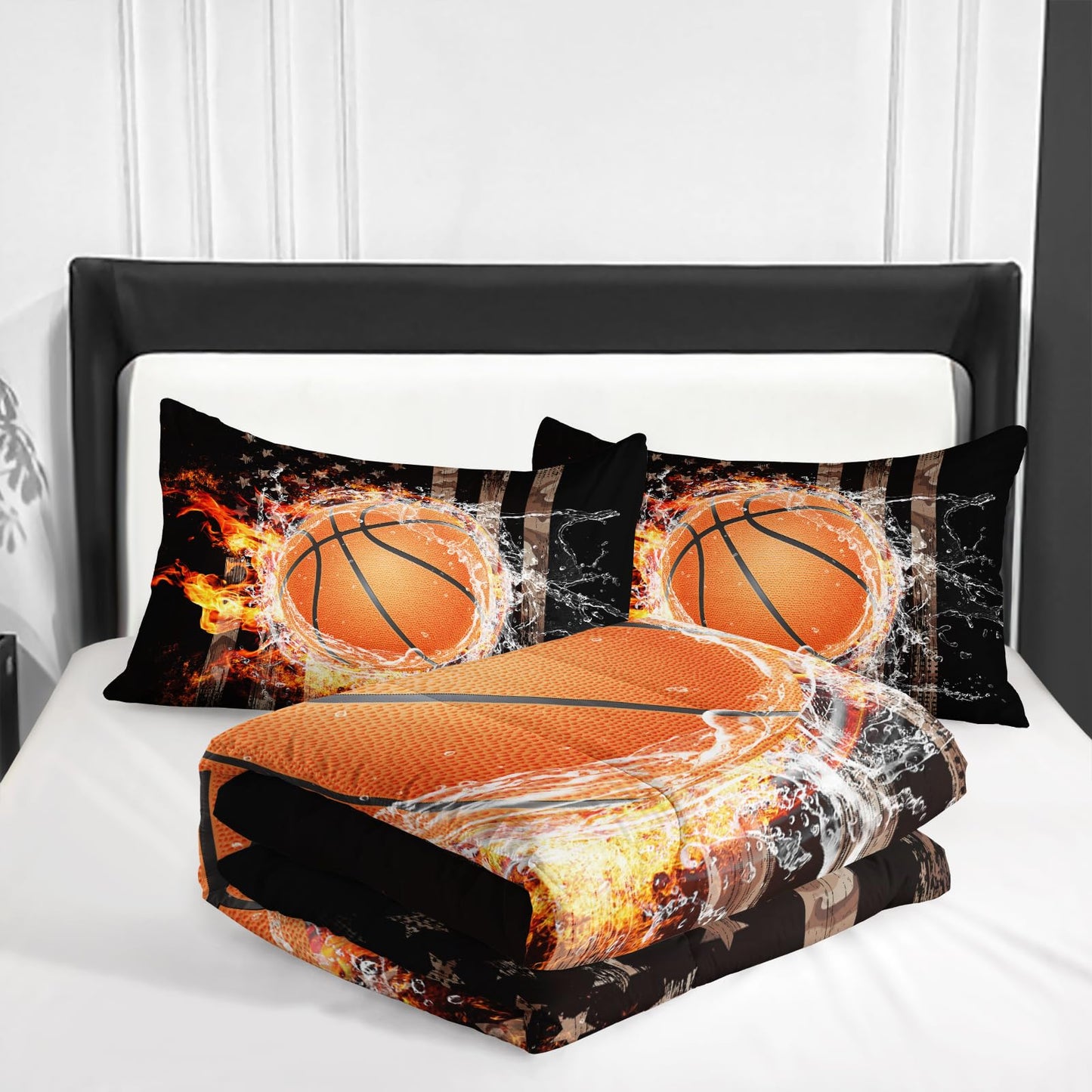 Nttopship Basketball Boys Comforter Set Twin Size，American Flag Bedding Set，100% Soft Ultra-fine Fiber Four Season Sport Basketball Comforter Set with 1 Comforter and 2 Pillow Case
