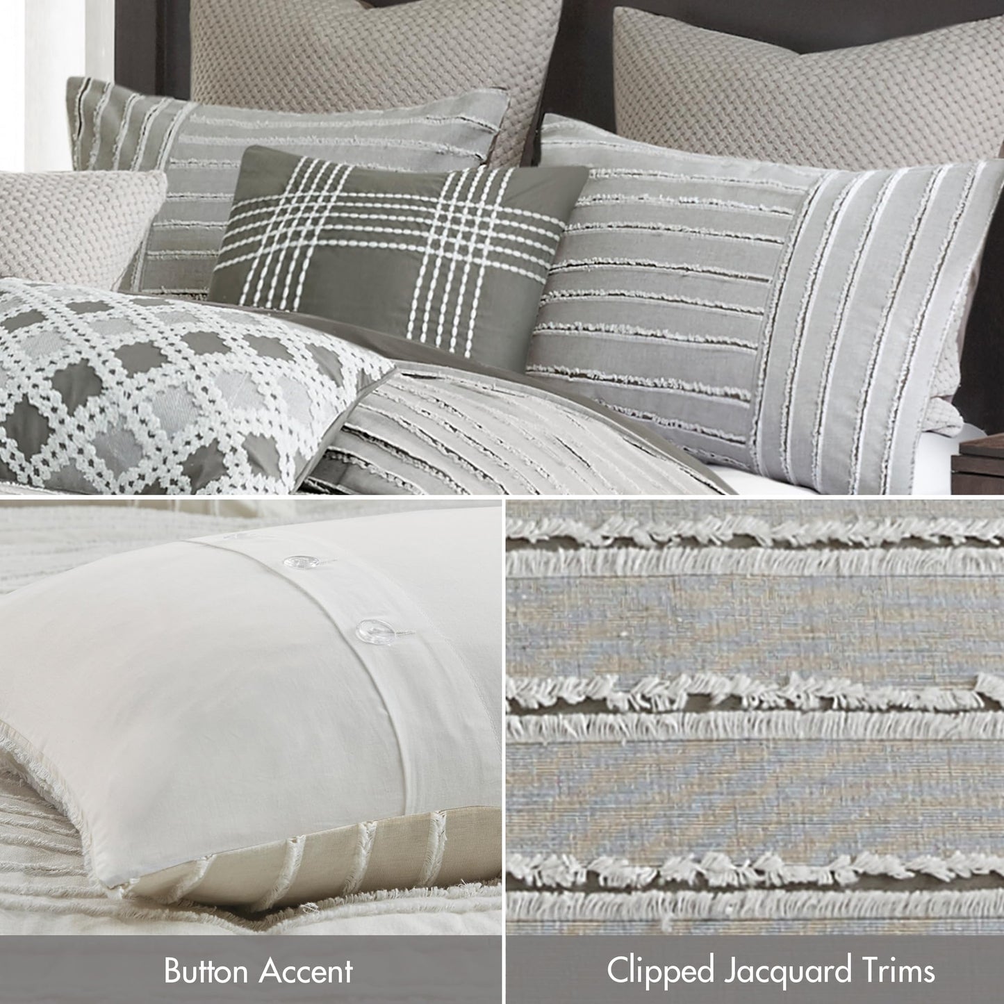 Madison Park King Comforter Set, Removable 100% Cotton Duvet Cover King Size with Insert, Farmhouse Bedding, Textured Stripe Clipped Jacquard Accent, King, Grey 9 Piece