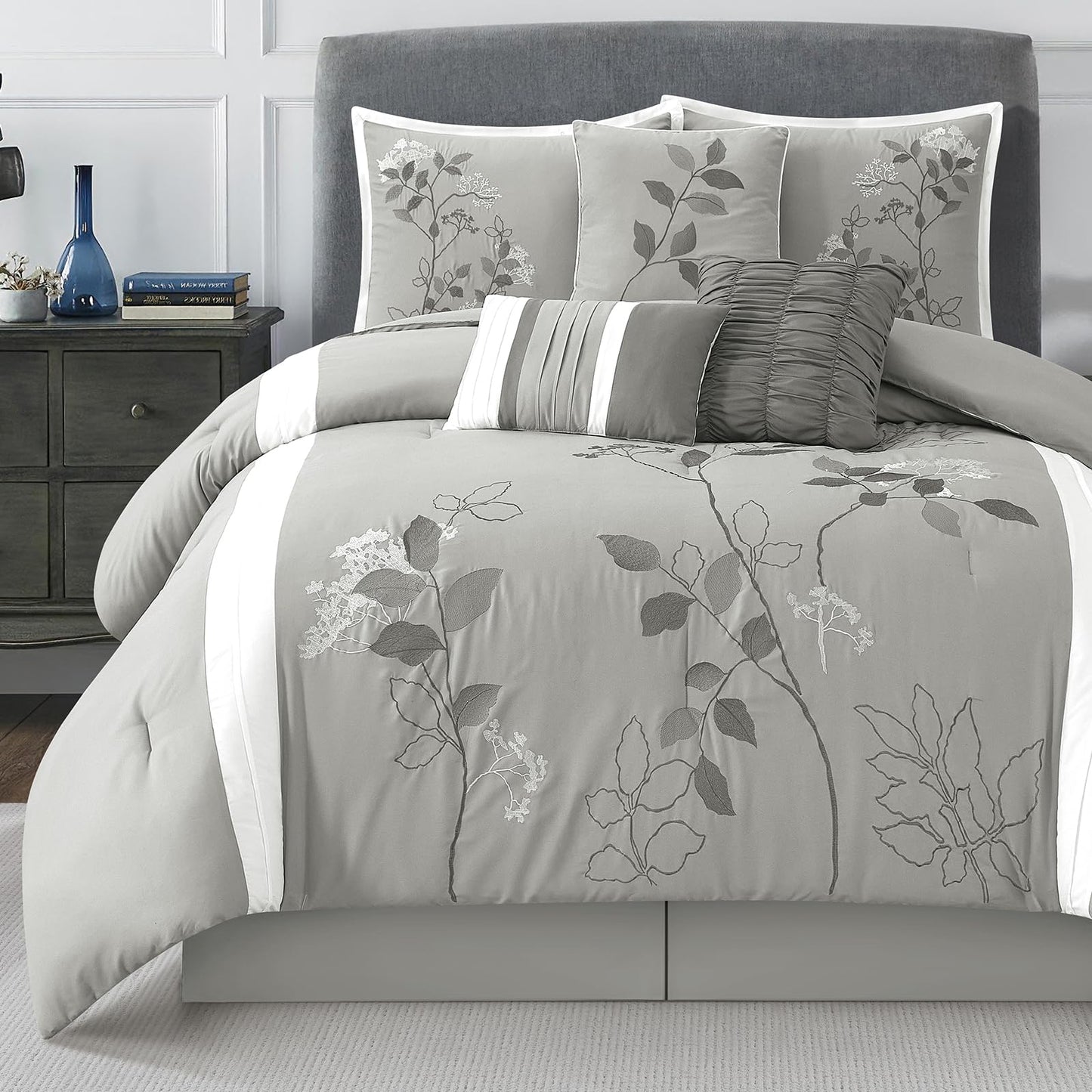 LANCO MODERN LIFESTYLE Grey Queen Comforter Set, 7 Pieces Bed in a Bag, Elegant Floral Leaves Embroidery, Soft and Lightweight All Seasons Bedding Set, Bedskirt, Pillow Shams, Decor Pillows