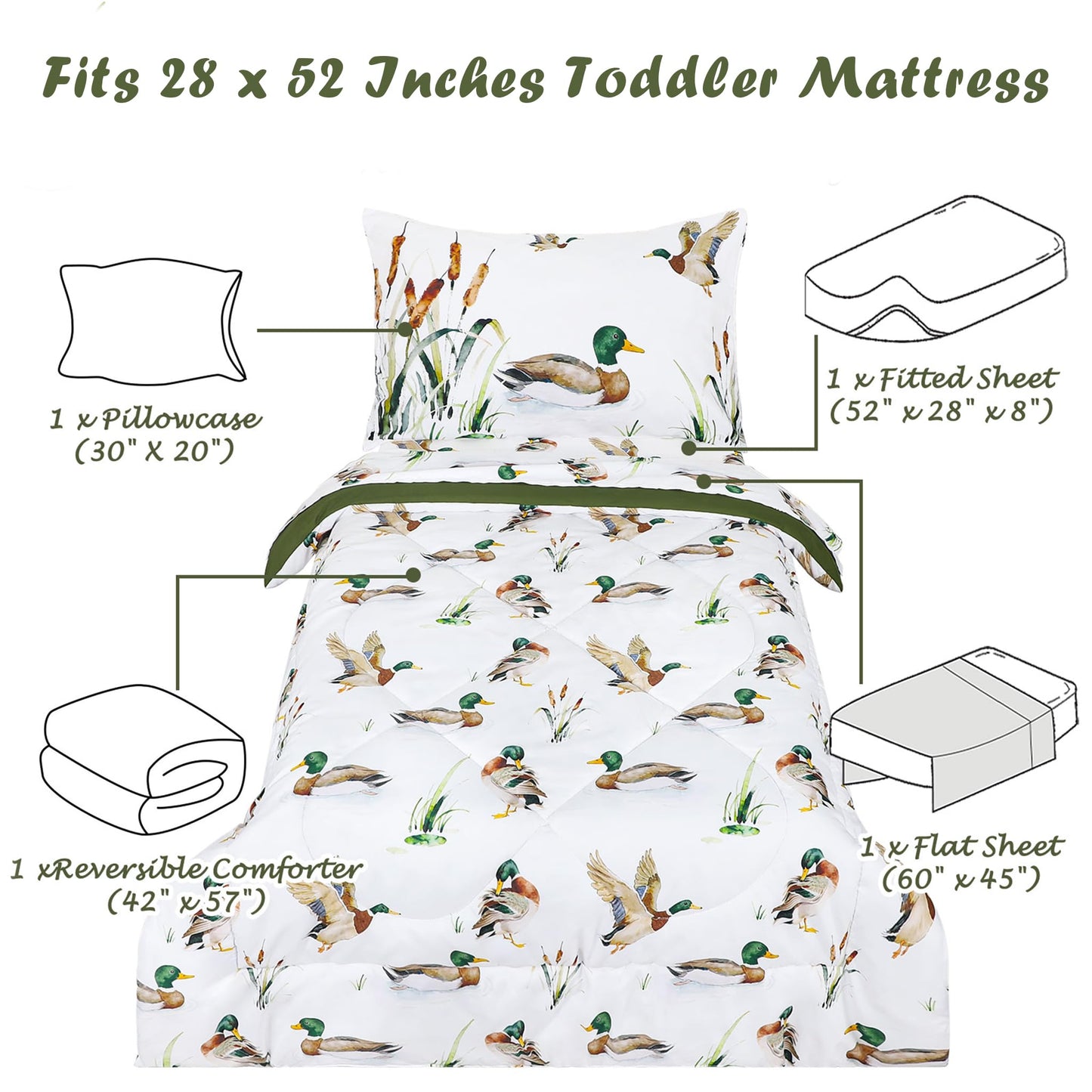CARUILI Mallard Duck Toddler Bedding Set for Boys, 4 Pieces Soft Microfiber Green Toddler Comforter Set for 28" x 52" Toddler Mattress & Crib, Includes Comforter, Flat Sheet, Fitted Sheet, Pillowcase