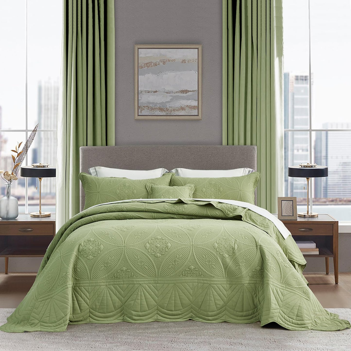 DaisyHuang Oversized Bedspread - King Size Bedding Cover - Modern & Contemporary Coverlet Set, Real Stitching, Reversible, Lightweight, 5 Piece, Sage Green