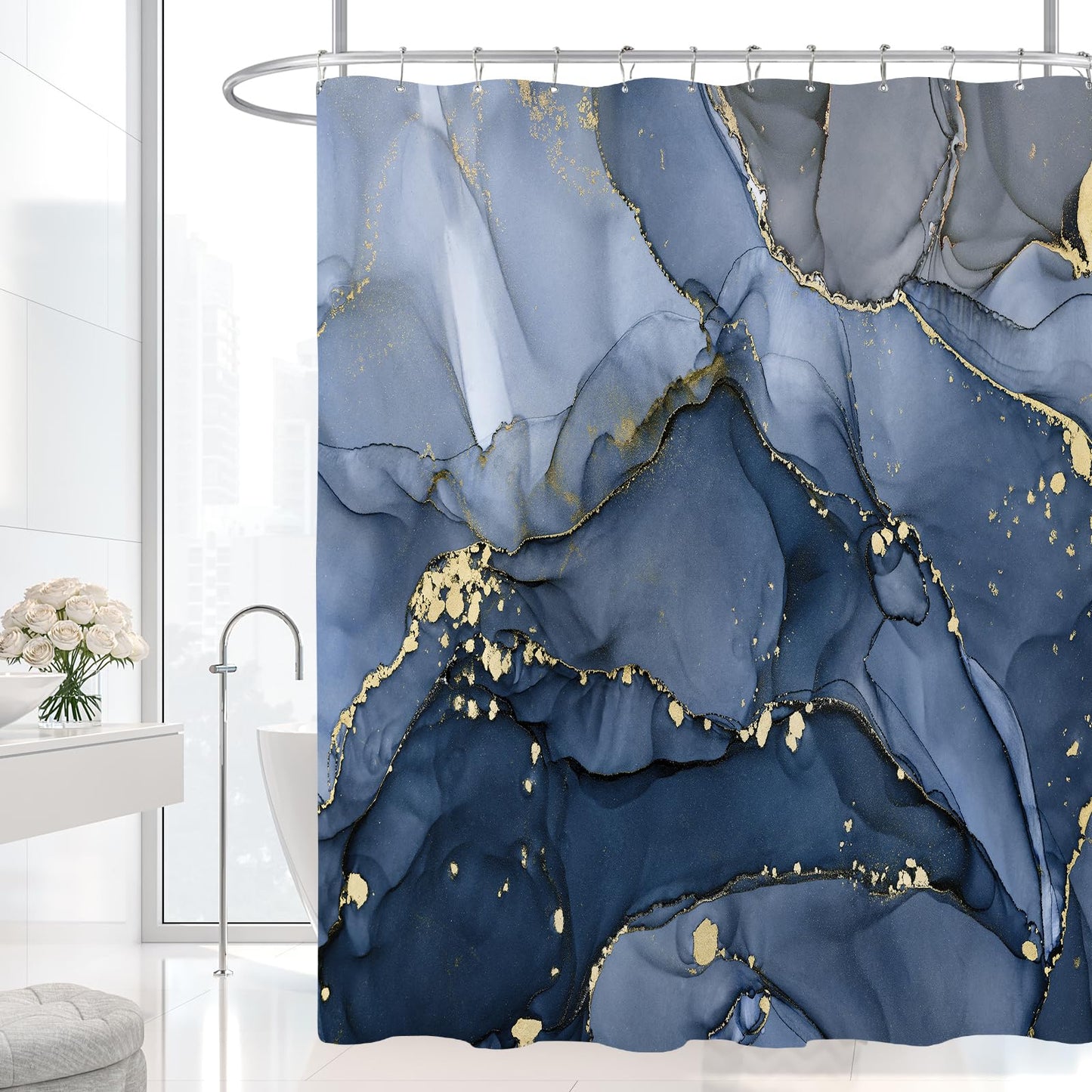 BayNook Navy Blue Marble Shower Curtain, Dark Blue Modern Abstract Fabric Shower Curtains for Bathroom, Luxury Art Ink Texture Watercolor Shower Curtain Set with Hooks 72x72