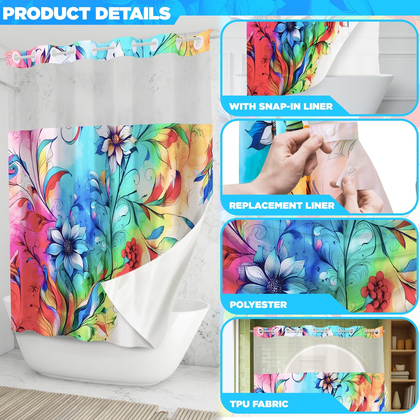ShowerGeek Hookless Boho Floral Shower Curtain with Snap-in Liner Set, Vibrant Watercolor Fabric, See Through Sheer Window, Washable, 3 Magnet Weights, No Hook, Waterproof, Farmhouse - Standard Size