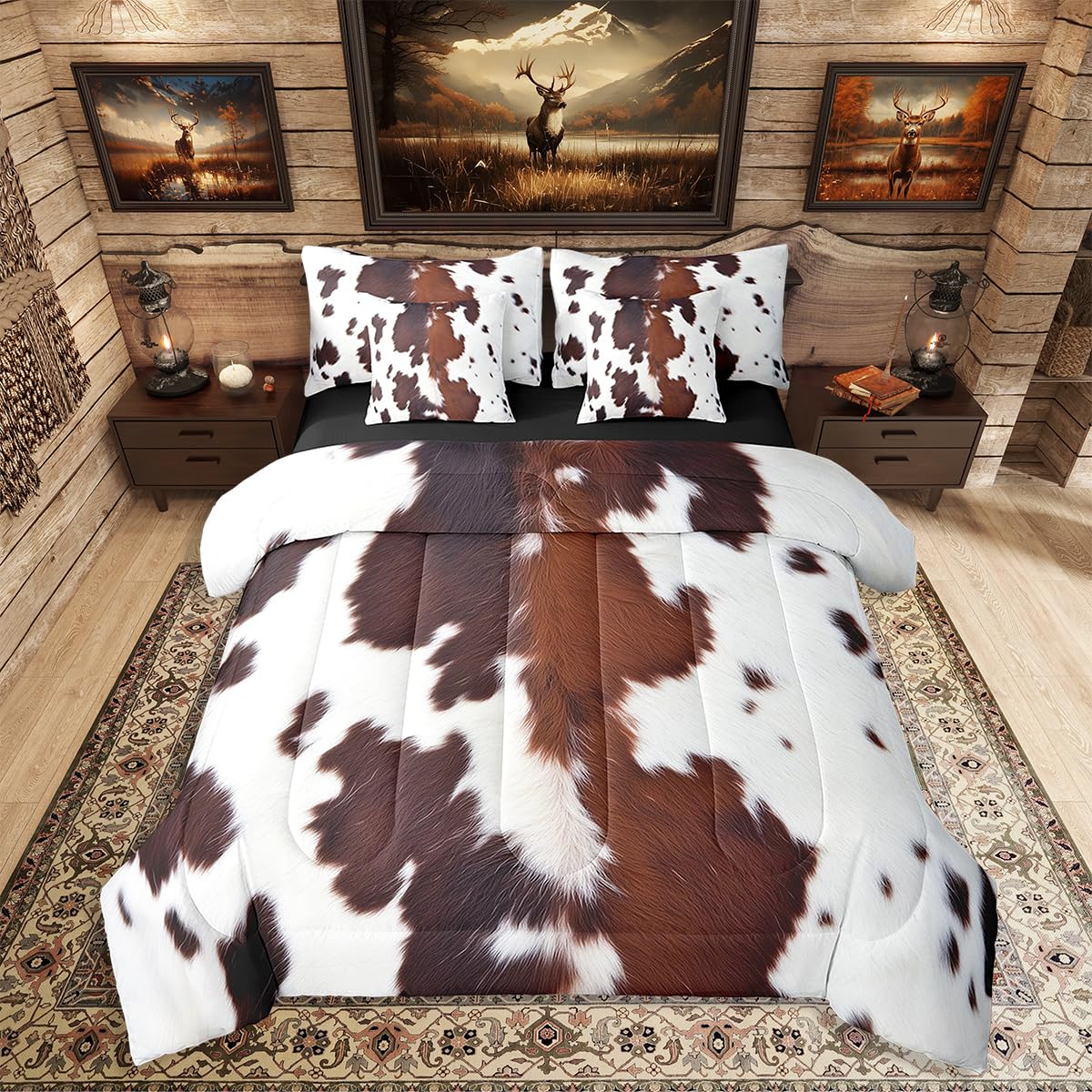 Erosebridal Cute Cowhide King Bed in A Bag 7 Piece for Teens Cow Print Western Comforter Set with Sheet Black Brown Cow Spots Bedding Set for Boys Adult Women Farm Animal Skin Bedding Comforter Set