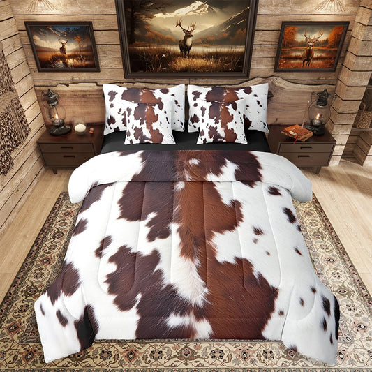 Erosebridal Cute Cowhide King Bed in A Bag 7 Piece for Teens Cow Print Western Comforter Set with Sheet Black Brown Cow Spots Bedding Set for Boys Adult Women Farm Animal Skin Bedding Comforter Set