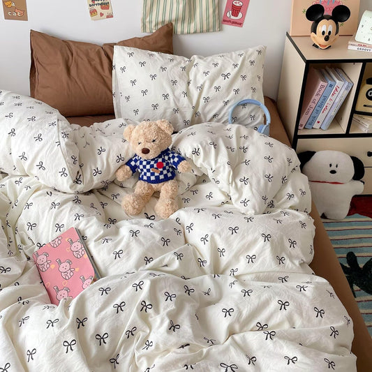 mixinni Vintage Bowknot Pattern Duvet Cover Set - Twin Size, 3 Pieces (1 Duvet Cover + 2 Pillowcases) - Boho Chic Black Bow Design Bedding with Zipper Closure for Girls & Women