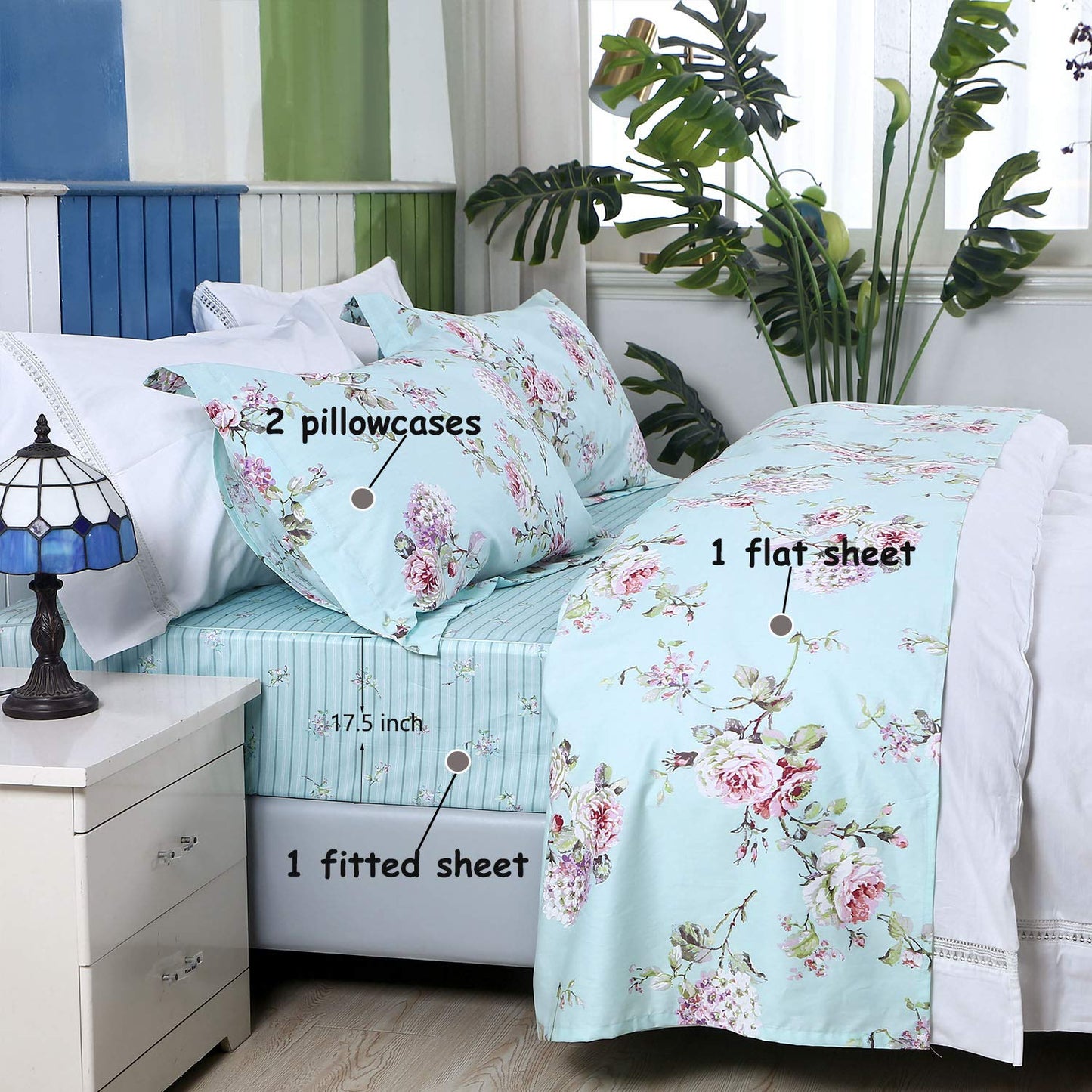 FADFAY Sheet Set King Farmhouse Bedding Rose and Hydrangea Flower Printed 100% Cotton Blue Floral Bed Sheet Shabby Vintage Deep Pocket Fitted Sheet 4-Pieces King