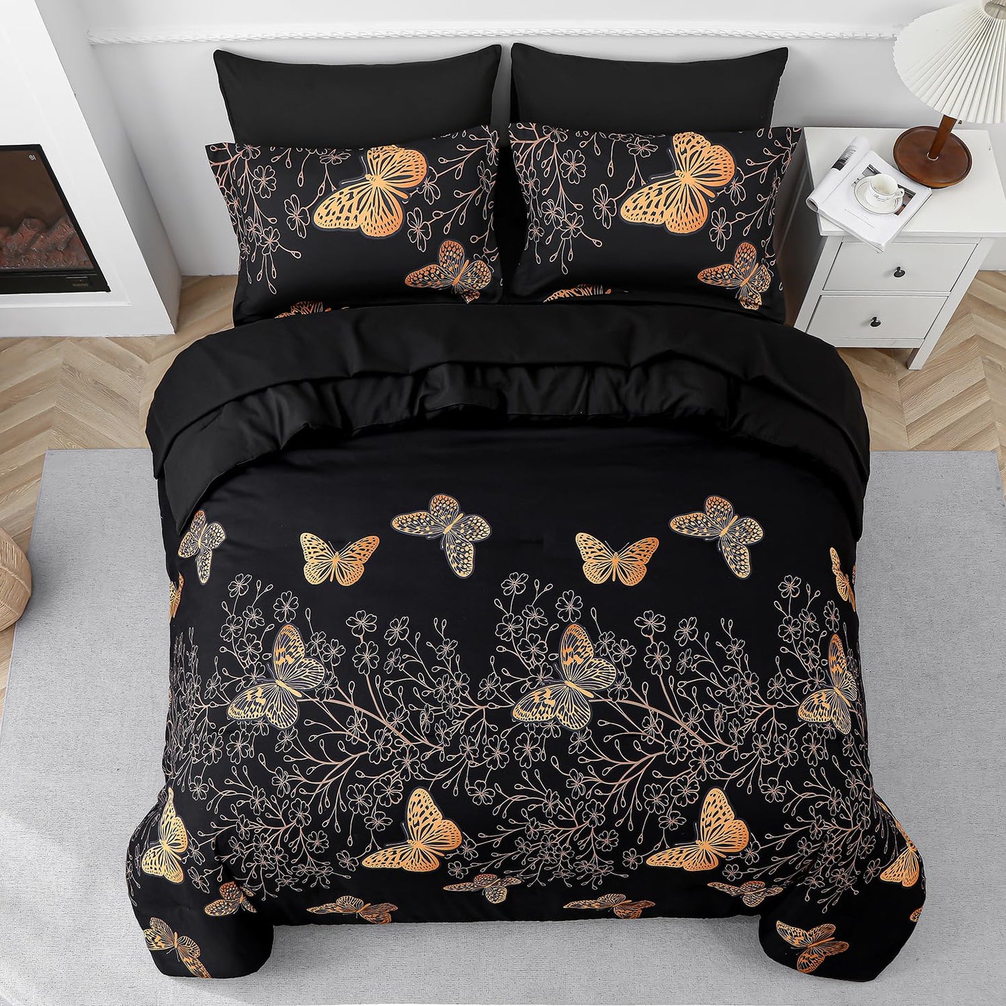 Yogeneg 7 Piece Bed in a Bag Queen Size Comforter Set Black Bedding Set,Gold Butterfly Leaves Printed on Black Reversible Design,Soft Microfiber Comforter with Sheet Set,All Season(Butterfly,Queen)