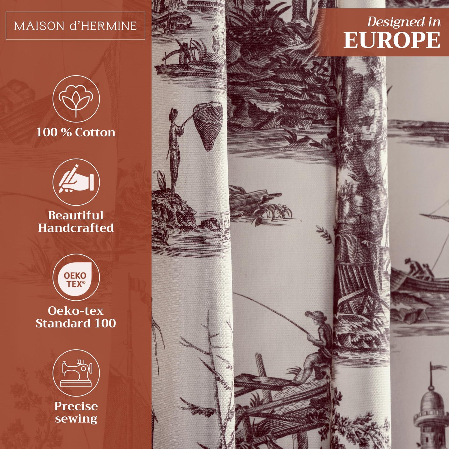 Maison d' Hermine Curtains for Living Room 100% Cotton 96 inch Length One Panel Light Filtering Toile Curtains for Bedroom Windows with Rod and Loop Pockets Drapes (Calais Charcoal, 50" W x 96" L)