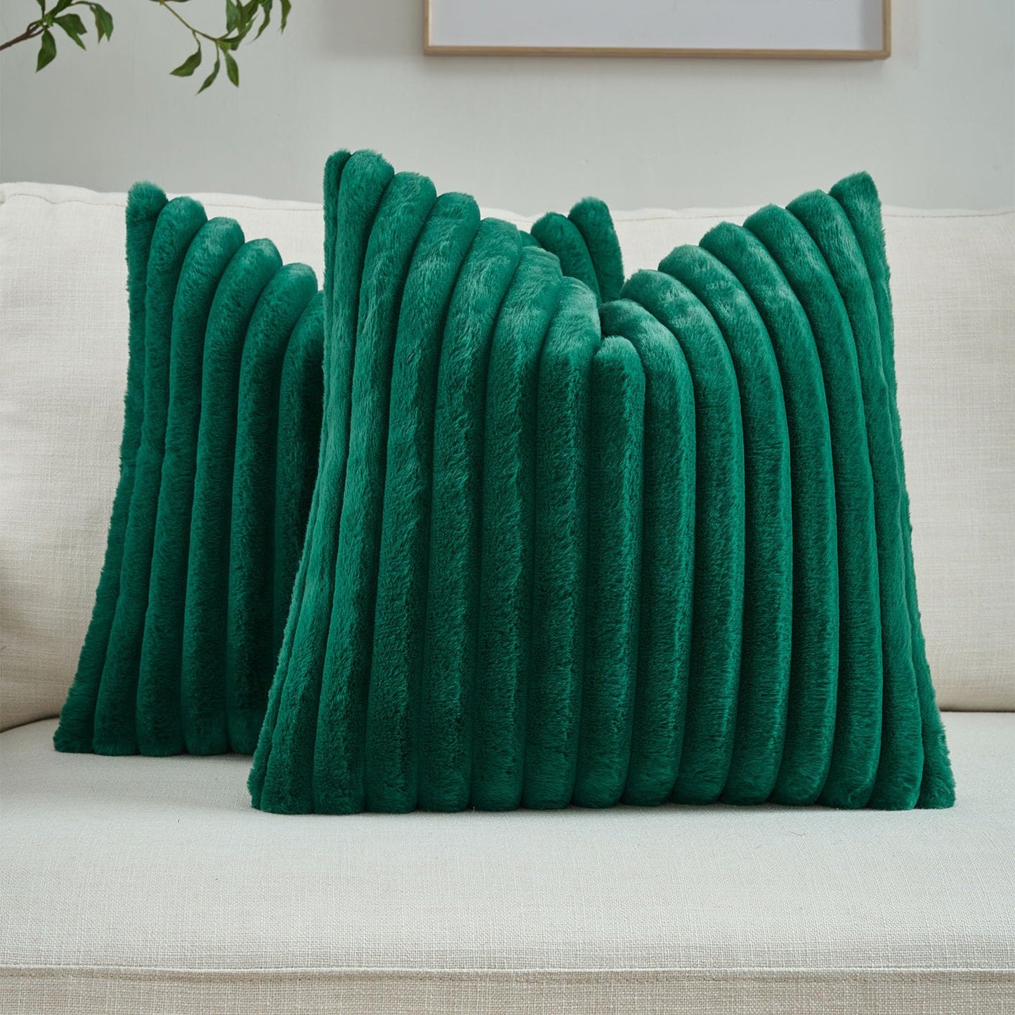 FUTEI Pack of 2 Fluffy Faux Fur Throw Pillow Covers 18x18 Inch Elegant Striped Textured Decorative Cushion Cases Modern Accent Pillow for Couch Bed Living Room, Emerald Green