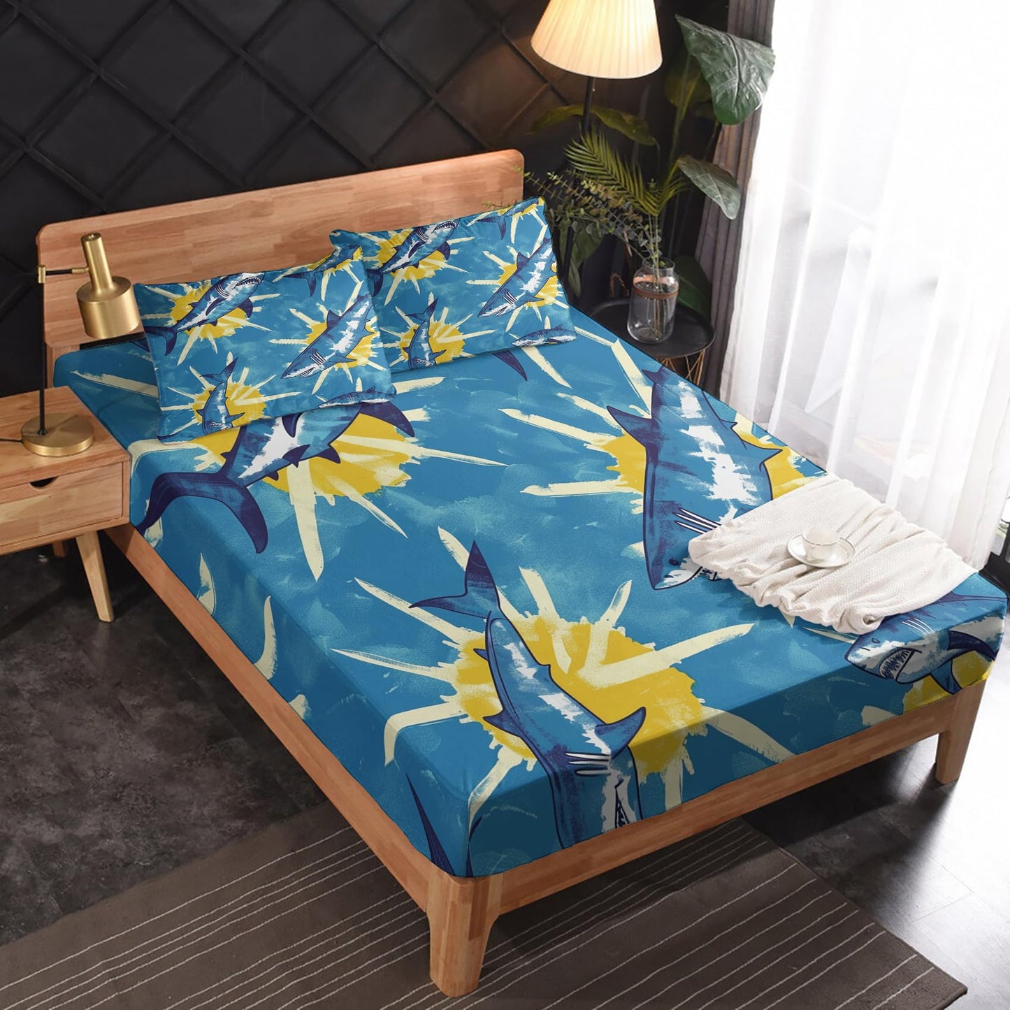 Rejkxyw King Size Sheets Set Blue Shark - Cartoon Sea Life Bed Sheets - Kids Boys Sheet Set - 12 Inch Deep Pocket - Ultra Soft Winkle Free Microfiber Bedding Sheets & Pillowcases 4 Piece
