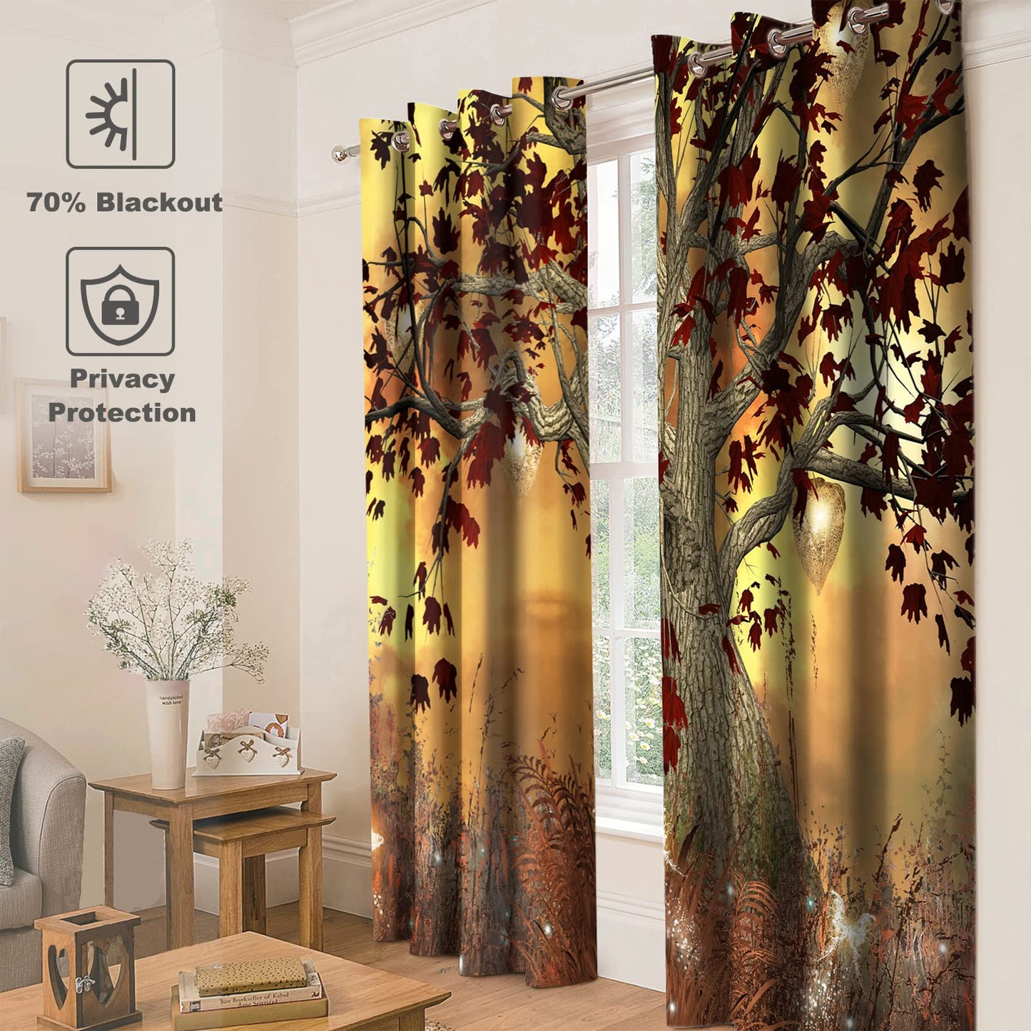 Jekeno Fall Tree Blackout Curtains Autumn Tree Room Decor Moonlight Butterfly Lantern Glittering Firefly Print Grommet Window Drape for Bedroom Living Room 2 Panel Set, 52"x84"