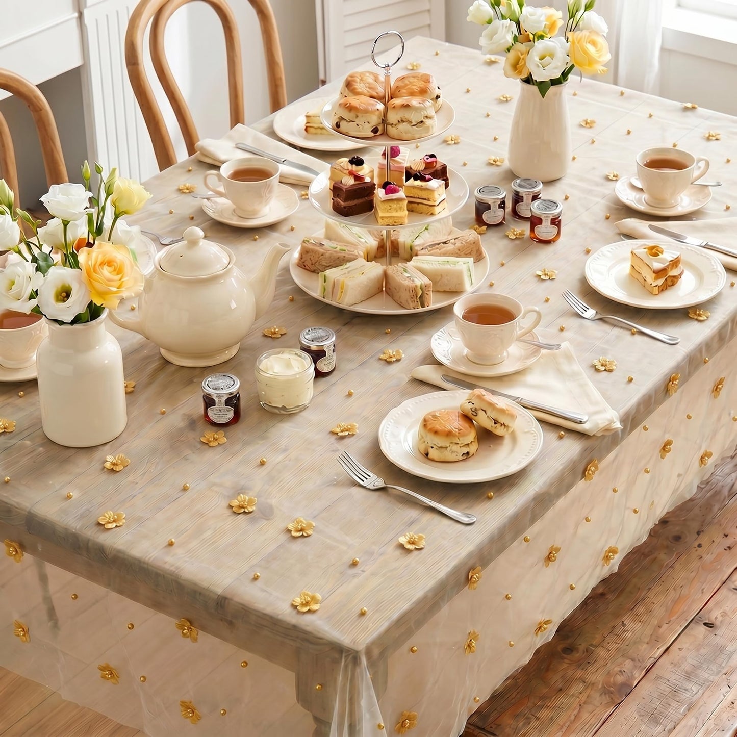 Horaldaily Yellow Flower Pearl Beige Gauze Table Cloth 60×84 Inch Rectangular, Seasonal Sheer Tulle Cheesecloth, Bridal Shower Table Cover for Wedding Birthday Table Decor