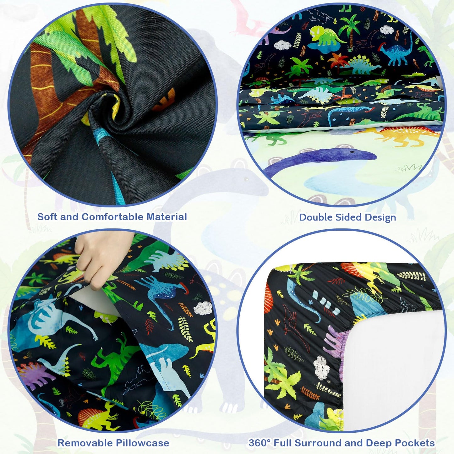 DAYEEBALL 4 Piece Toddler Bedding Set, Ultra Soft and Breathable Cartoon Dinosaur Toddler Comforter Sets for Boys Includes Quilted Comforter, Fitted Sheet, Flat Sheet and Pillowcase