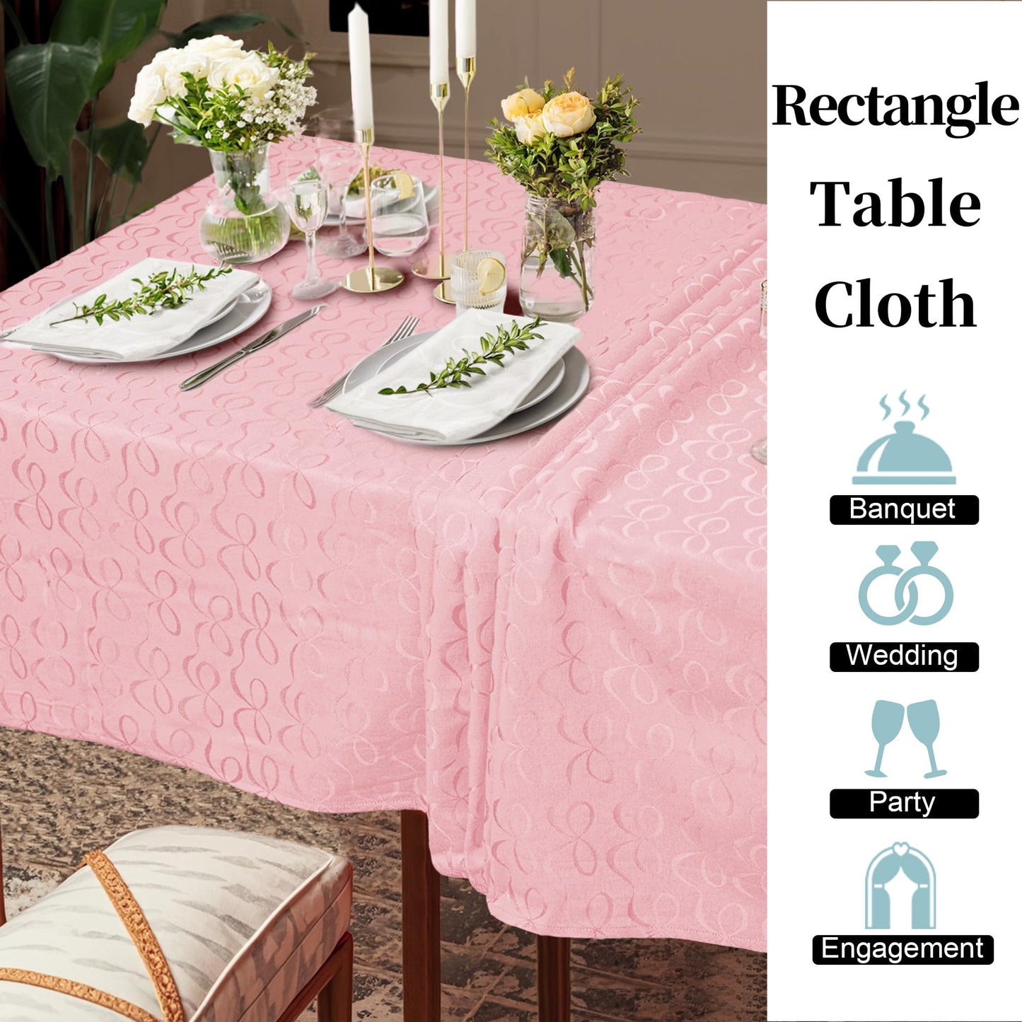 Elegant Tablecloth Rectangle, 60"x120", 1PC Washable Table Cloth for 9ft Table (10-12 Seat) - Cotton Polyester, Wrinkle Resistant, Pink Table Cloths for Valentine's Day & Celebration, Luxury Bows