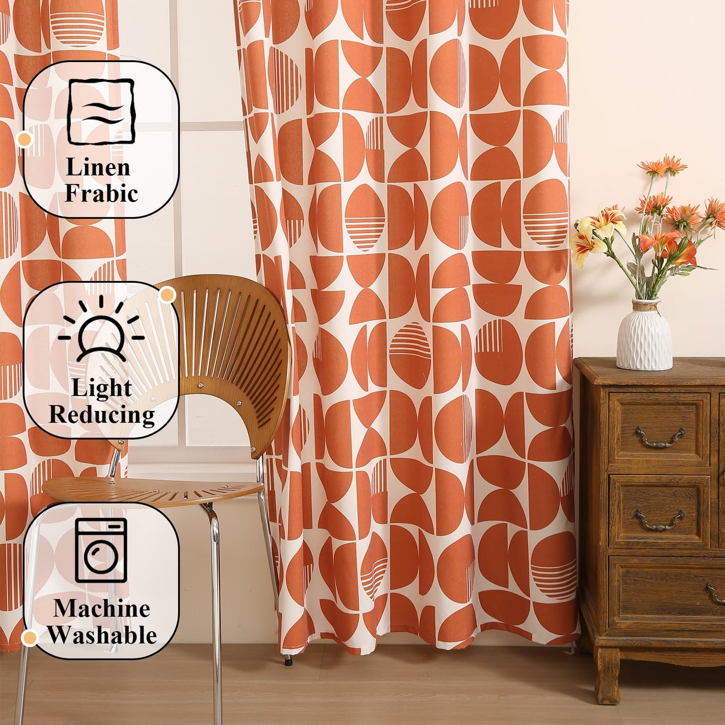 ColorBird Orange Patterned Curtains Mid-Century Modern Farmhouse 63 Inch Length 2 Panels Set, Geometric Grommet Drapes for Kitchen Living Dining Room Bedroom