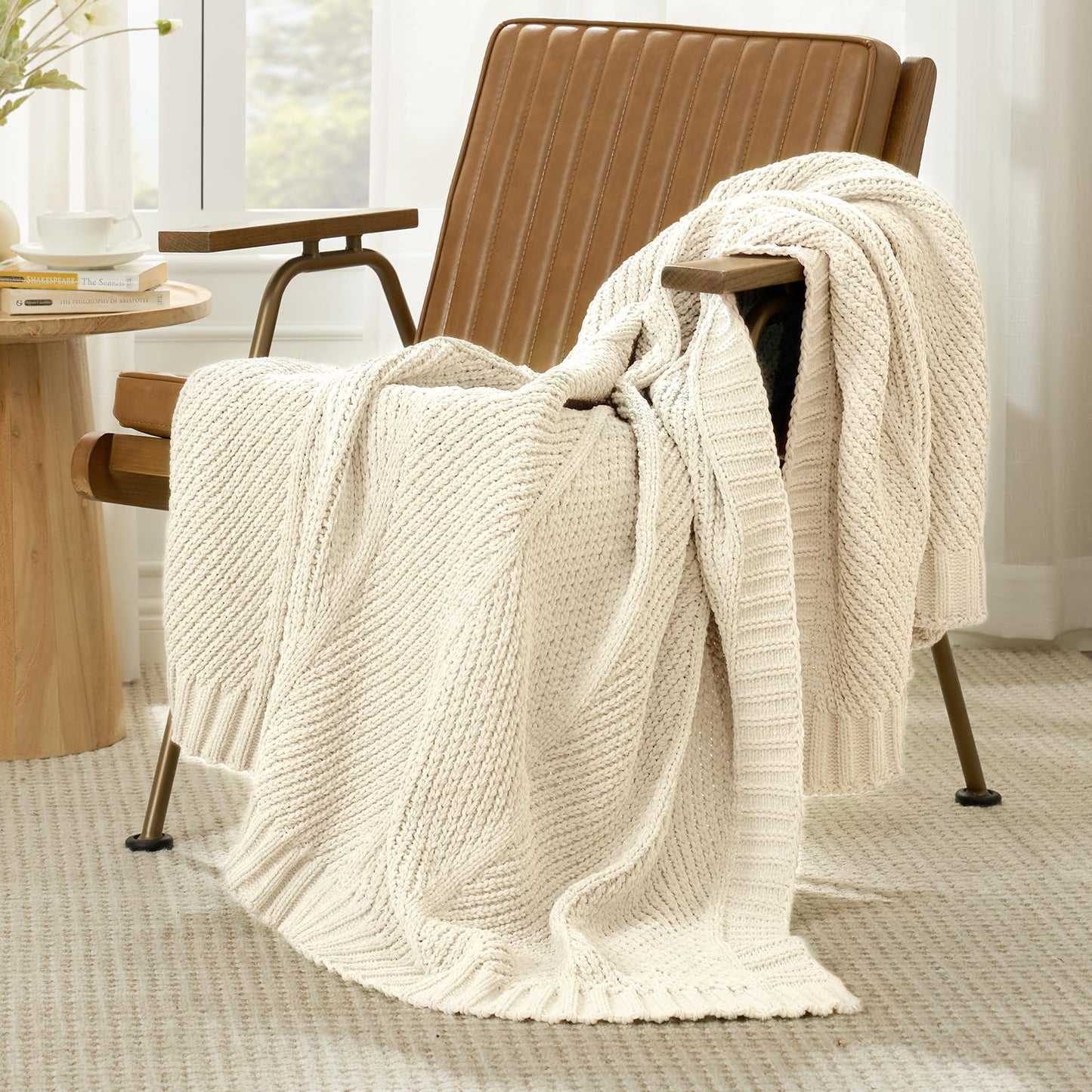 Amélie Home Knit Throw Blanket, Soft Chenille Cozy Breathable Chevron Chunky Decorative Blanket for Couch, Bed & Sofa, French-Inspired Lightweight Warm Gift for Women, Ivory, 50"x60"