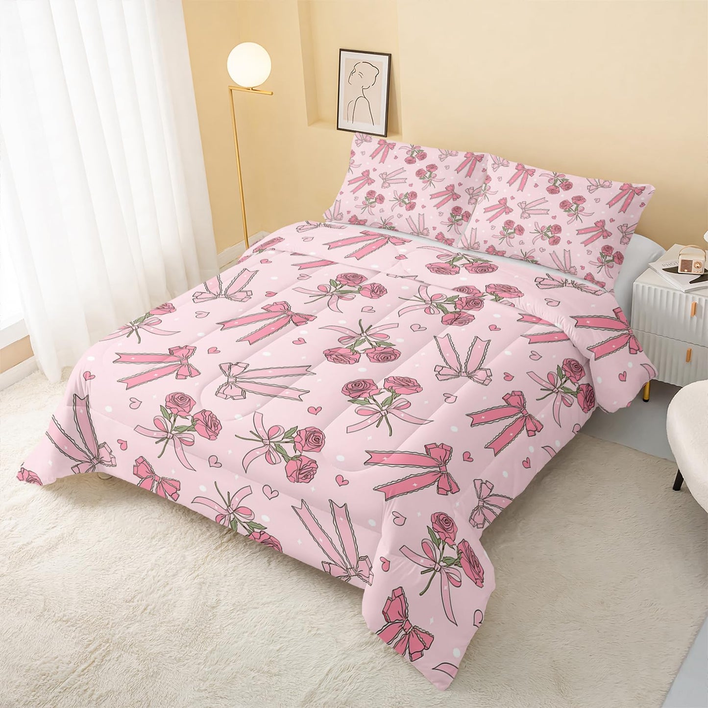 QOOMO 3Pcs Bow Comforter Set Twin,Pink Floral Bedding Set for Teens Boys Girls,Pink Bowknot Printed Comforter with 2 Pillowcases,Down Alternative,Soft and Lightweight