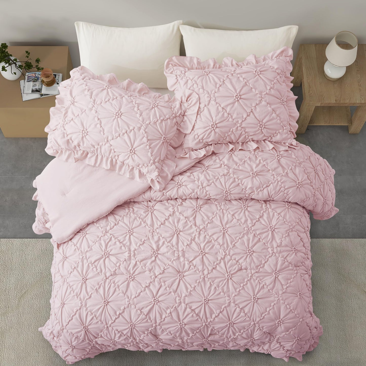BEDAZZLED King Size Comforter Sets, Pink Bedding Comforter Set, 3 Pieces Pinch Pleat Bedding Sets with Comforter and Pillowcases Soft Farmhouse Shabby Chic Comforter for All Seasons
