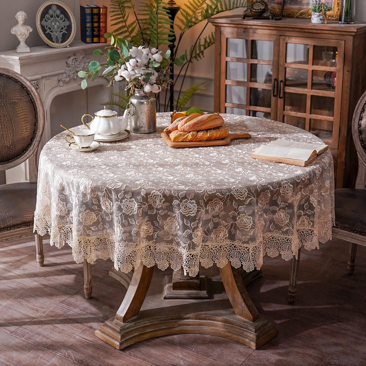 ARTABLE Rectangle Small Table Cloth Lace Macrame Vintage Tablecloth Shabby Chic Embroidered Oblong Table Cover for Wedding Banquet Holiday Long Dinner Tables (Golden, 70 Inch Round)