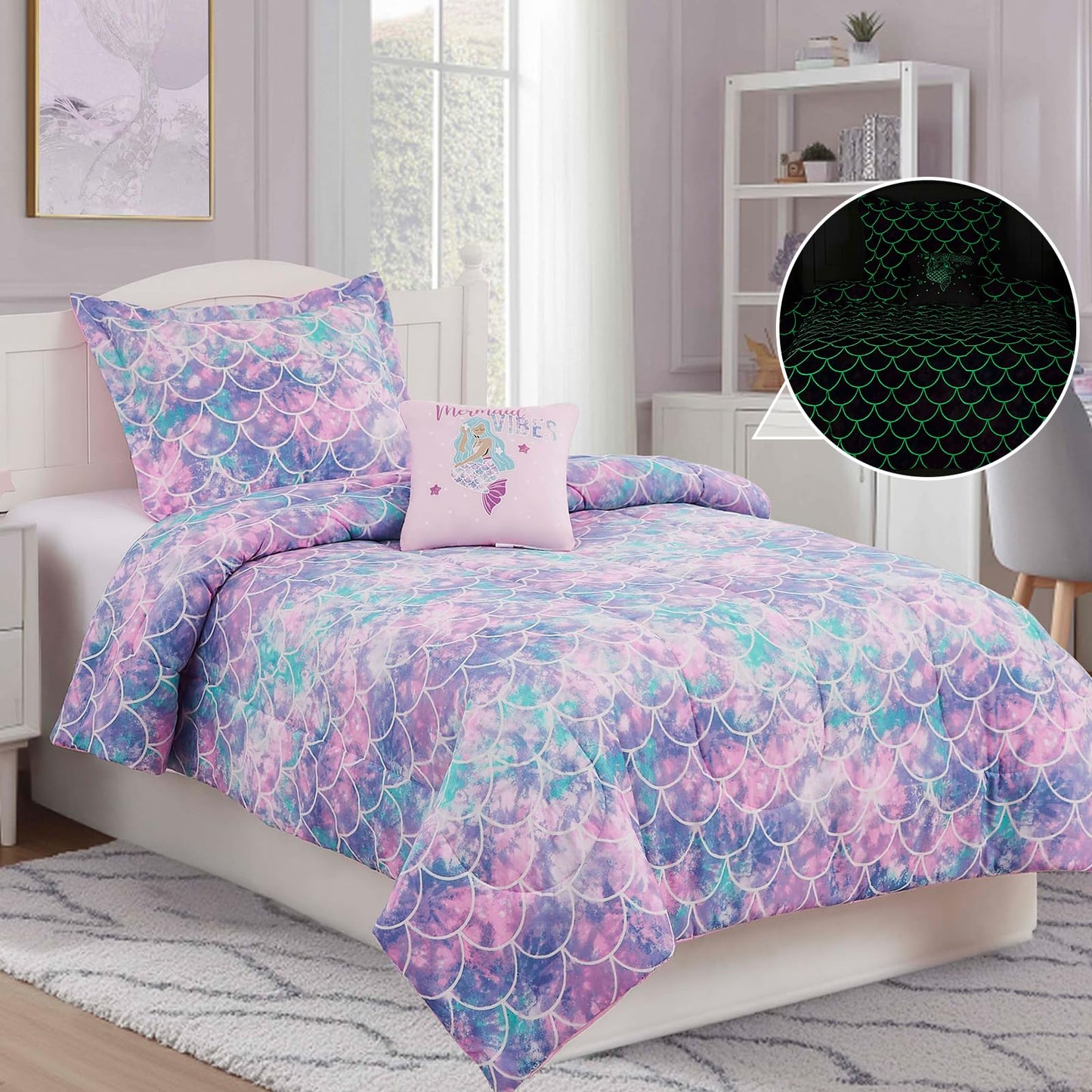 Wink Deer Twin Comforter Set for Girls-3 Pieces Mermaid Glow in the Dark Twin Bedding Sets for Kids,1 Comforter,1 Sham and 1 Decor Pillow